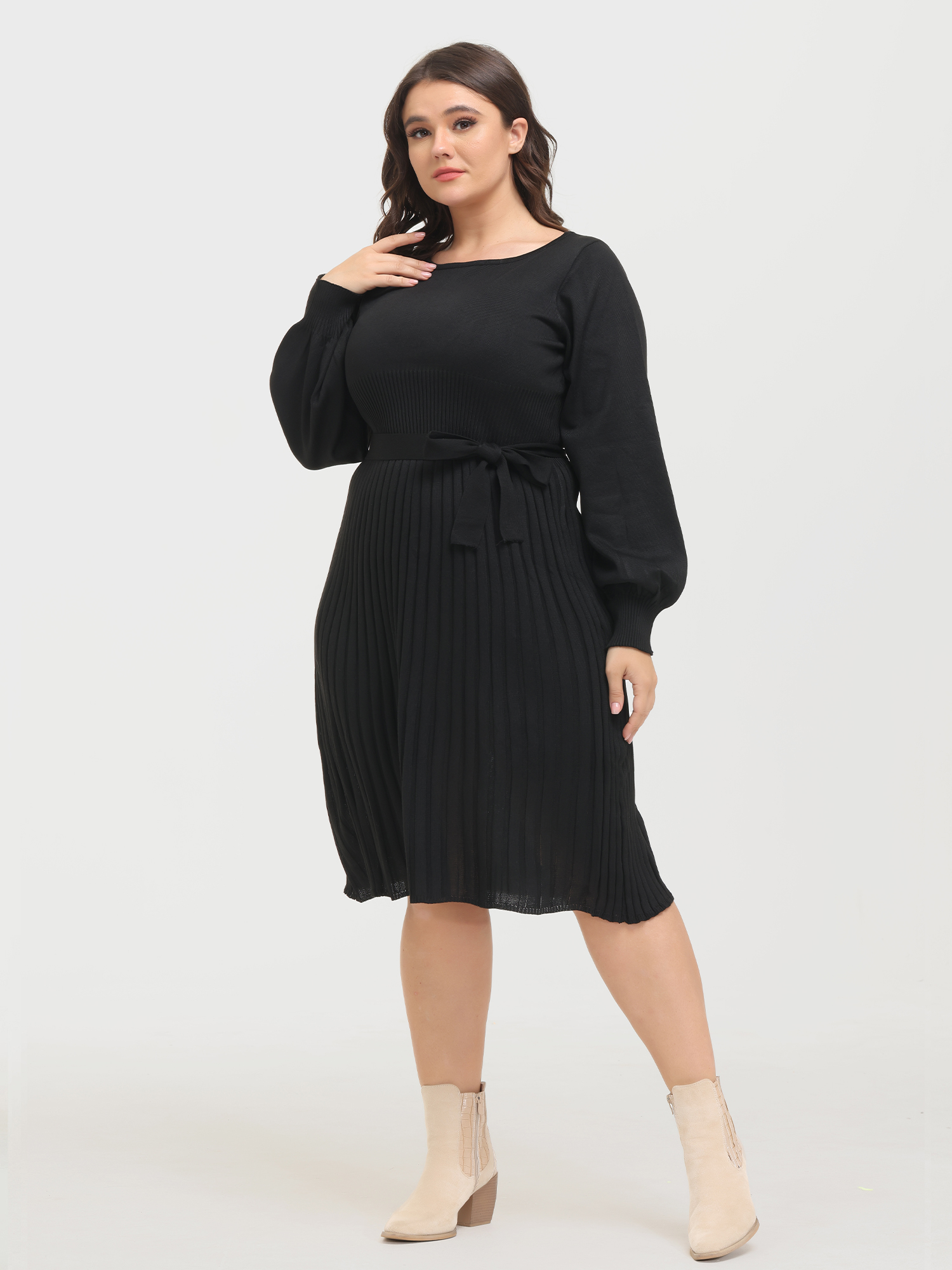 Puff Sleeve Slim Fit Tie-Up Pleated Knit Dress