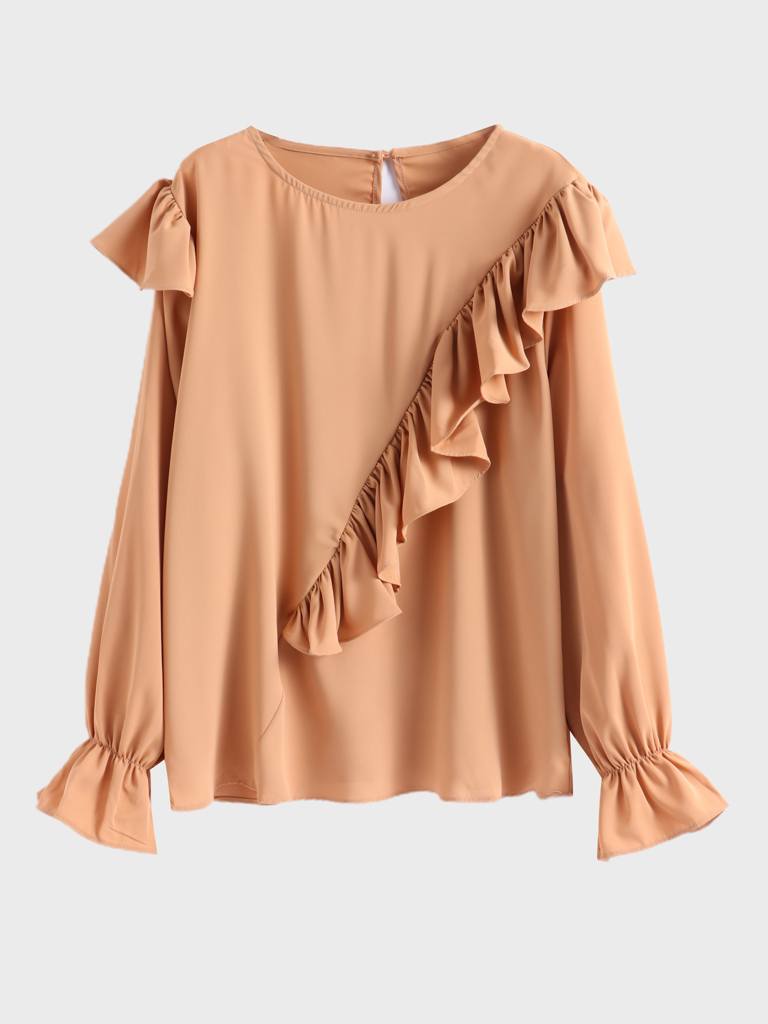 Ruffled Flared Sleeve Round Neck Blouse