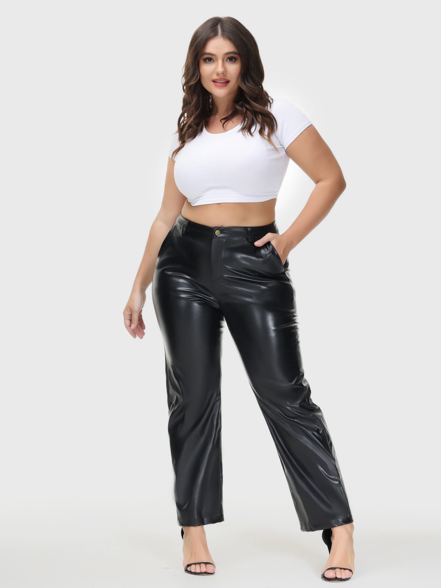 PU Leather Straight Leg Casual Pants with Pockets