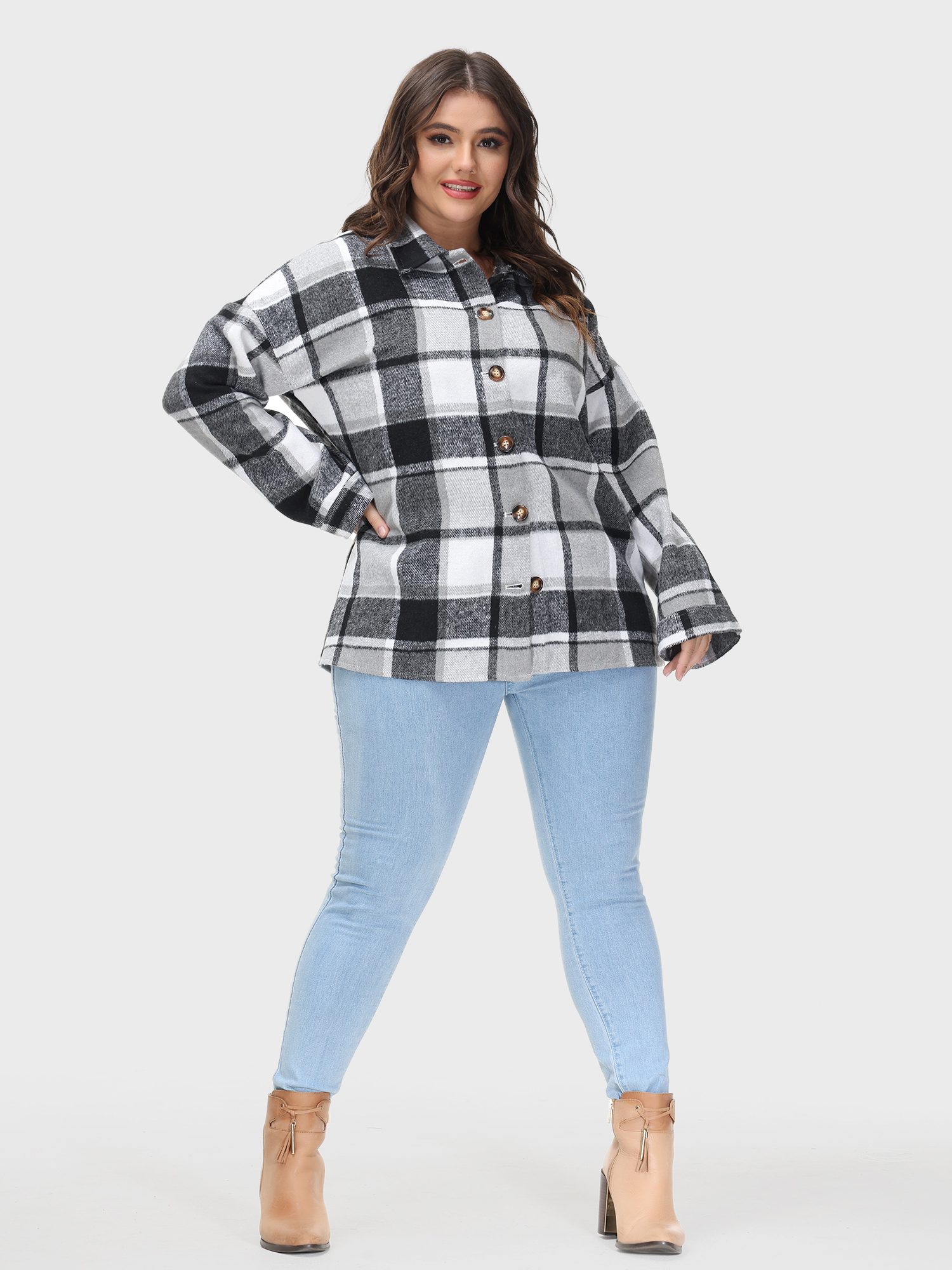 Long Sleeves Loose Lapel Plaid Tweed Shacket