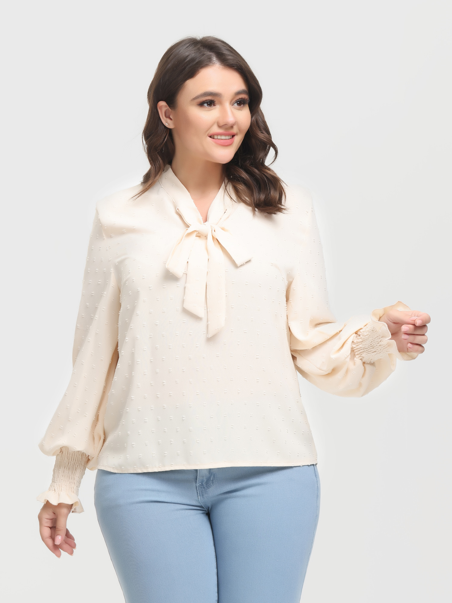 Shirring Long Sleeve Bow Blouse