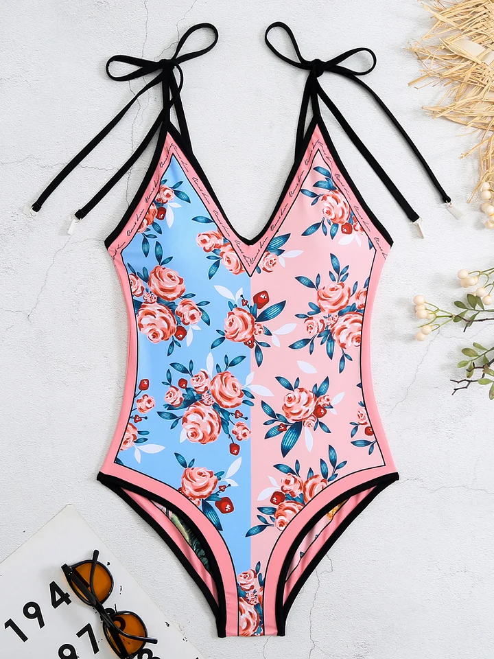 Charming Rose Tie-up Reversible One-piece Swimsuit