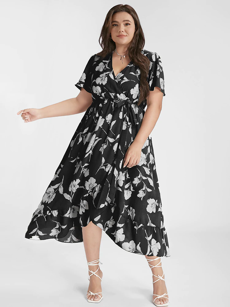 Floral Ruffle Knot Side Wrap Dress(Buy 2 Free Shipping)