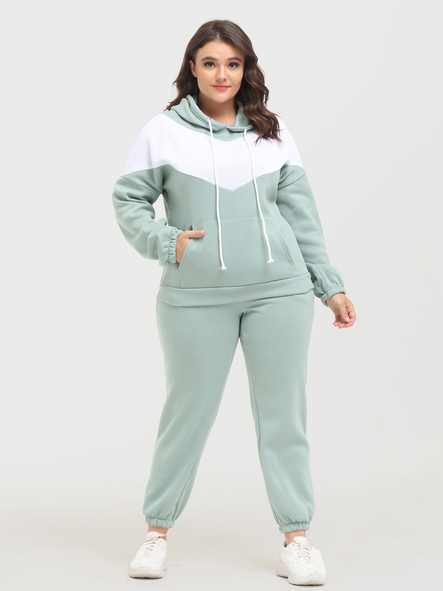 Casual Fashion Colorblock Fleece Hoodie 2-Piece Set