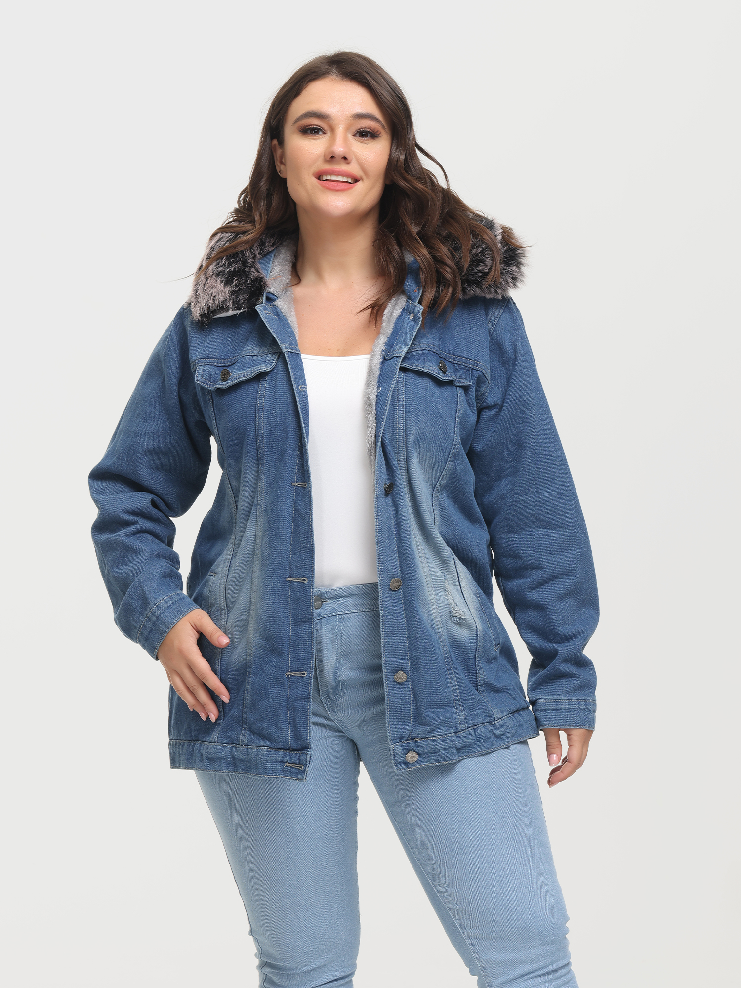 Button Plush Hooded Denim Jacket