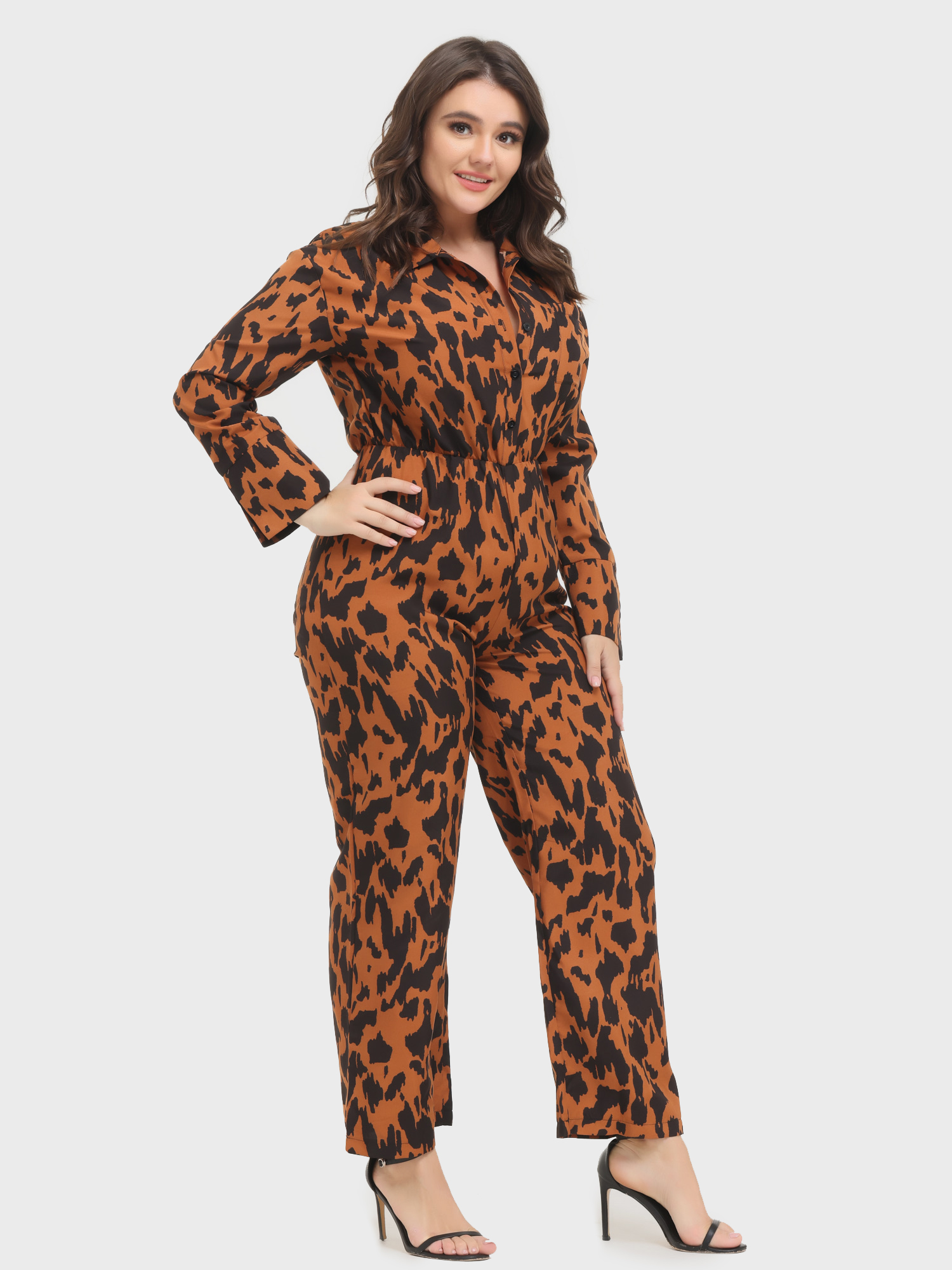 Fashion Leopard Print Long Sleeve Jumpsuit