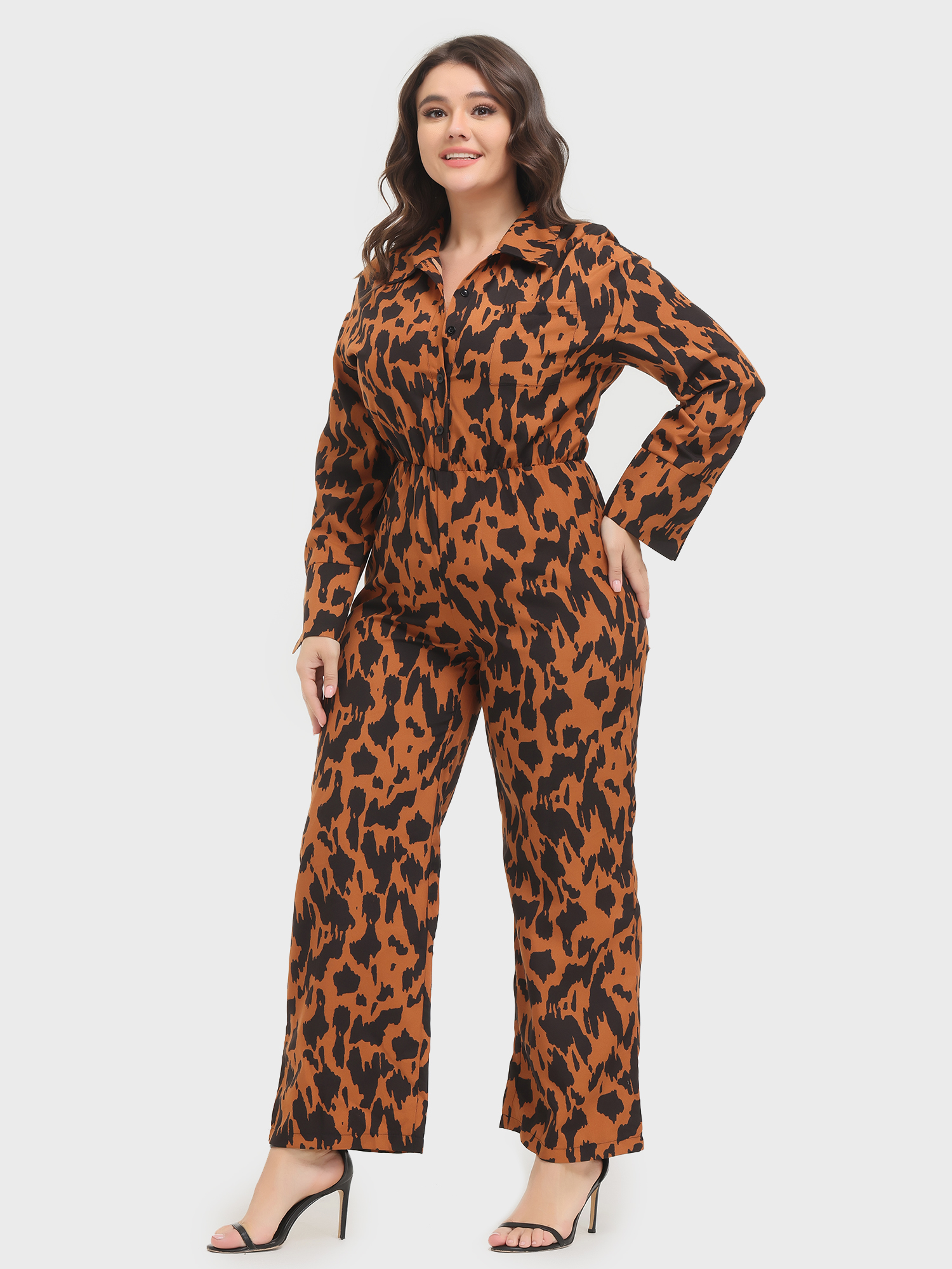 Fashion Leopard Print Long Sleeve Jumpsuit