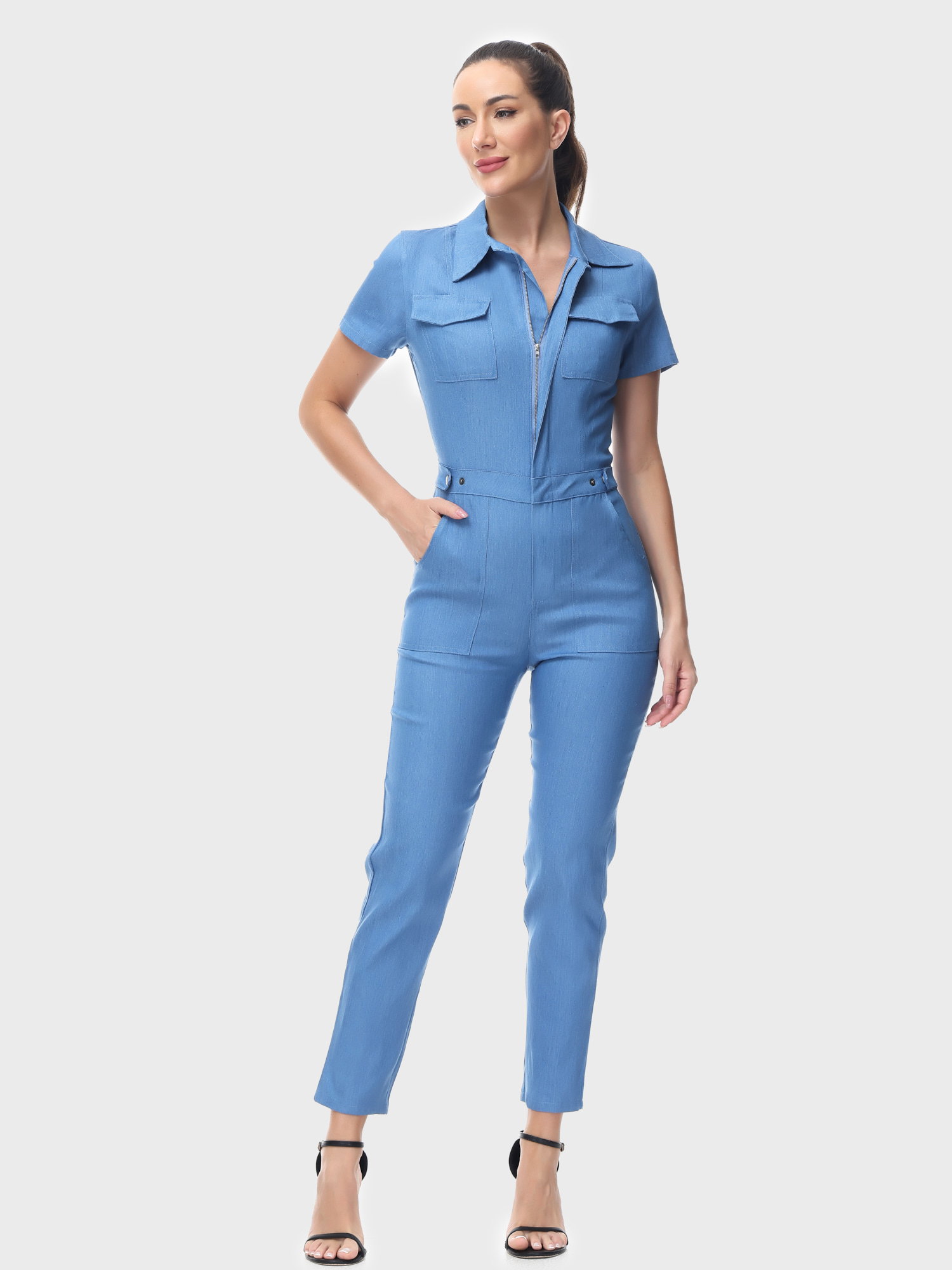 Groovy Short-Sleeve Zip-Up Jumpsuit