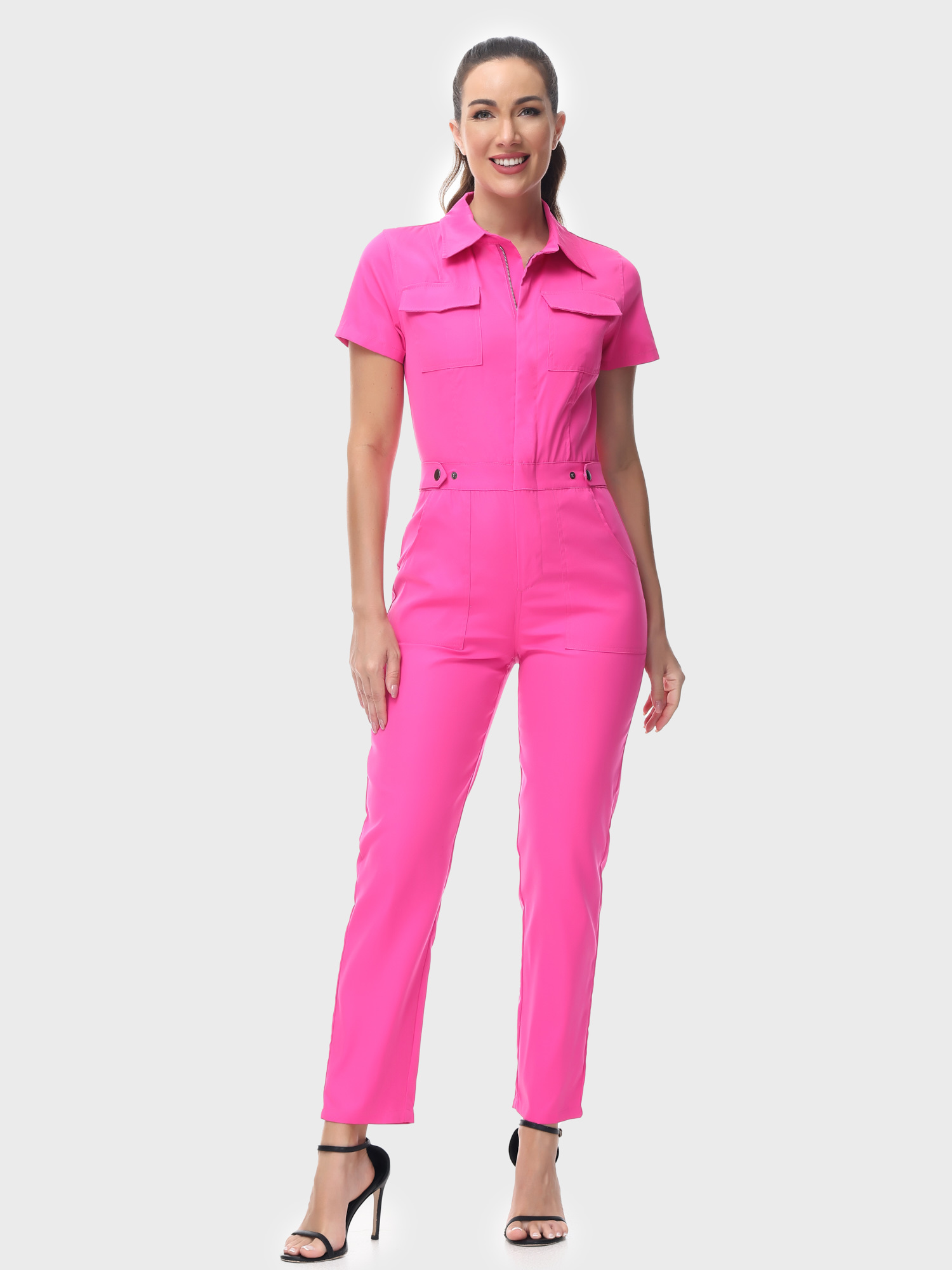 Groovy Short-Sleeve Zip-Up Jumpsuit