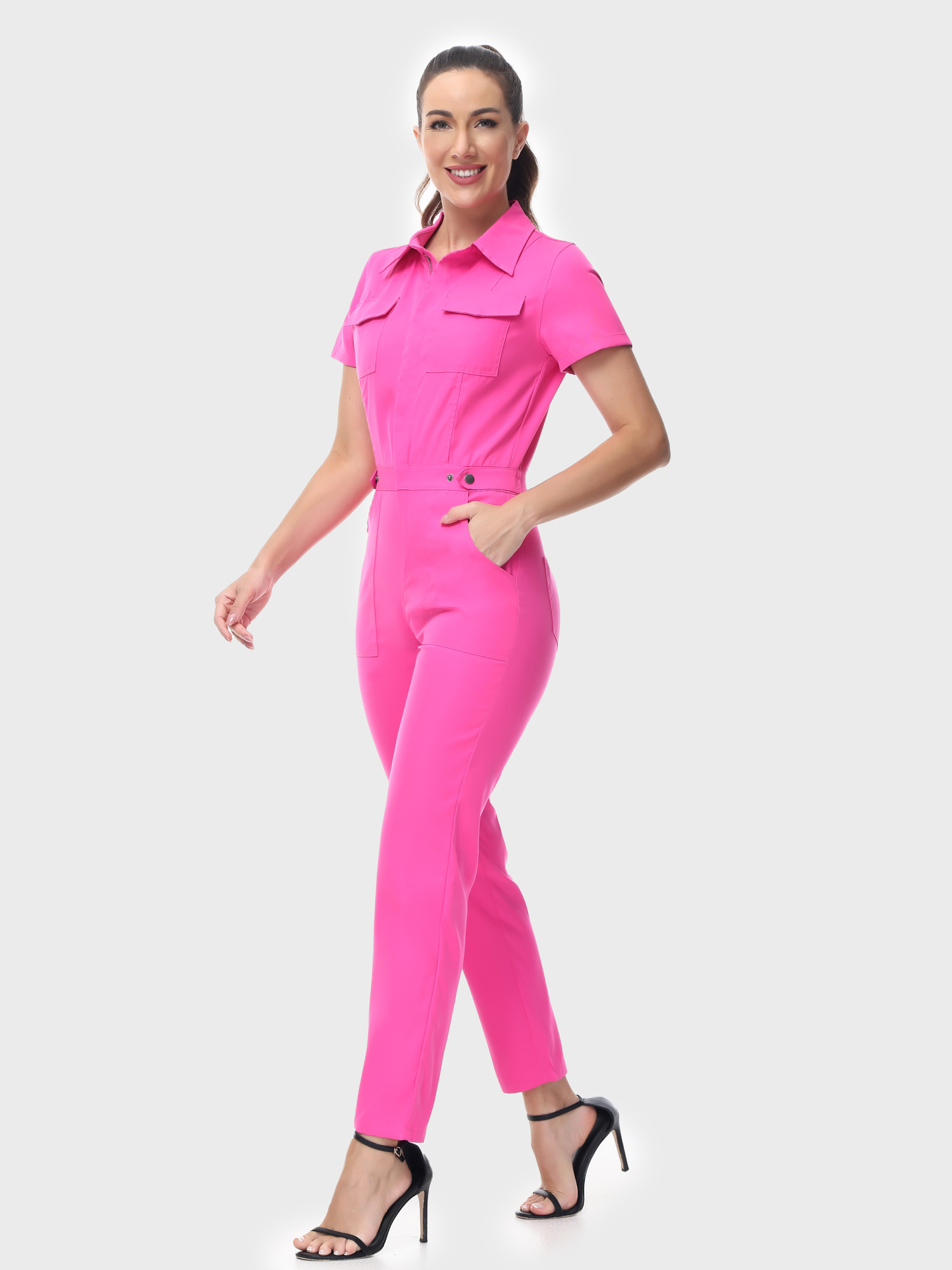 Groovy Short-Sleeve Zip-Up Jumpsuit
