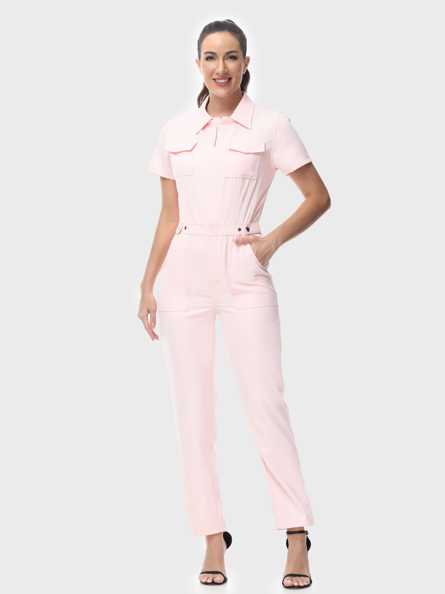 Groovy Short-Sleeve Zip-Up Jumpsuit