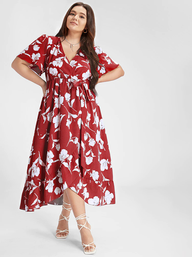 Floral Ruffle Knot Side Wrap Dress(Buy 2 Free Shipping)