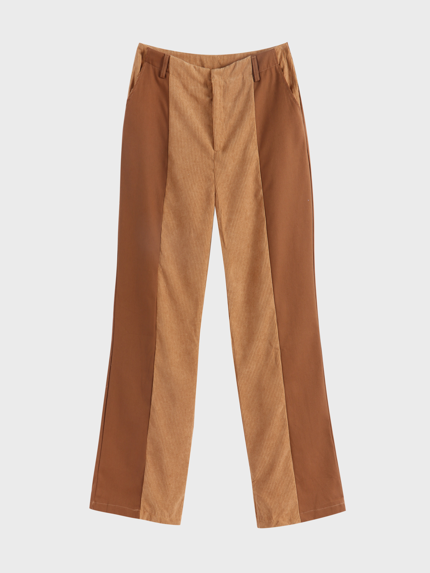 High Waist Straight Leg Colorblock Corduroy Pants with Pockets