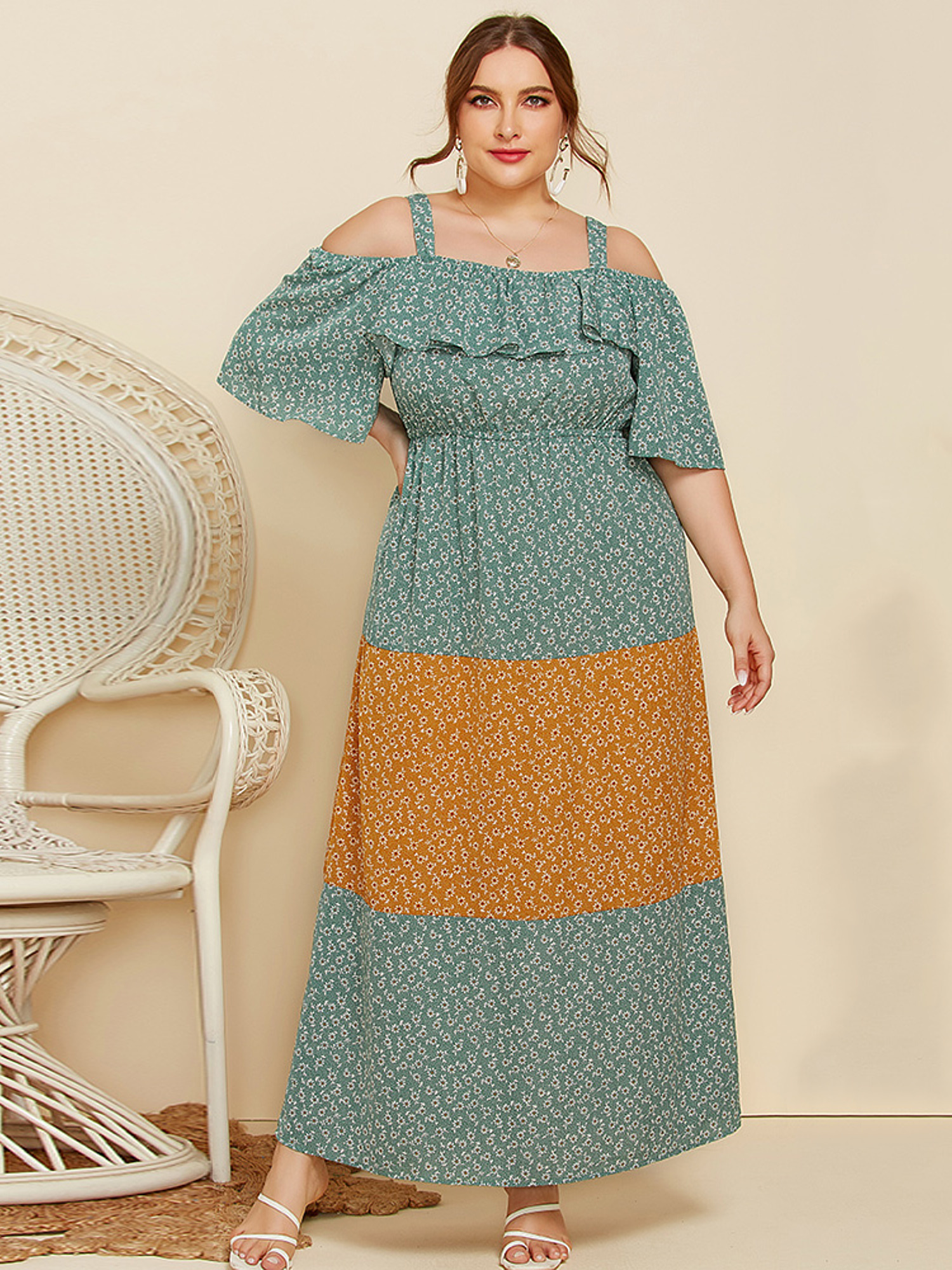 Ruffle Color-Block loose Floral Camisole Dress