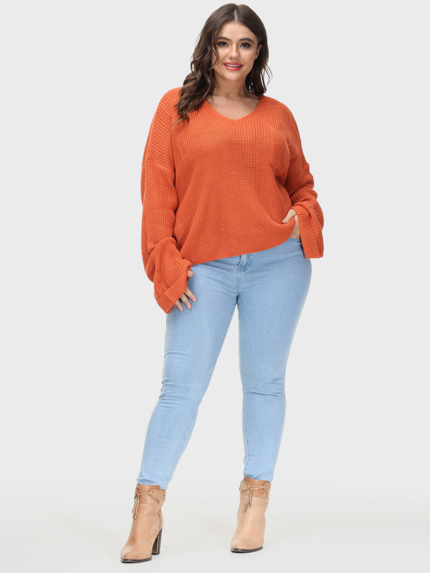 Solid Color Casual V-Neck Sweater