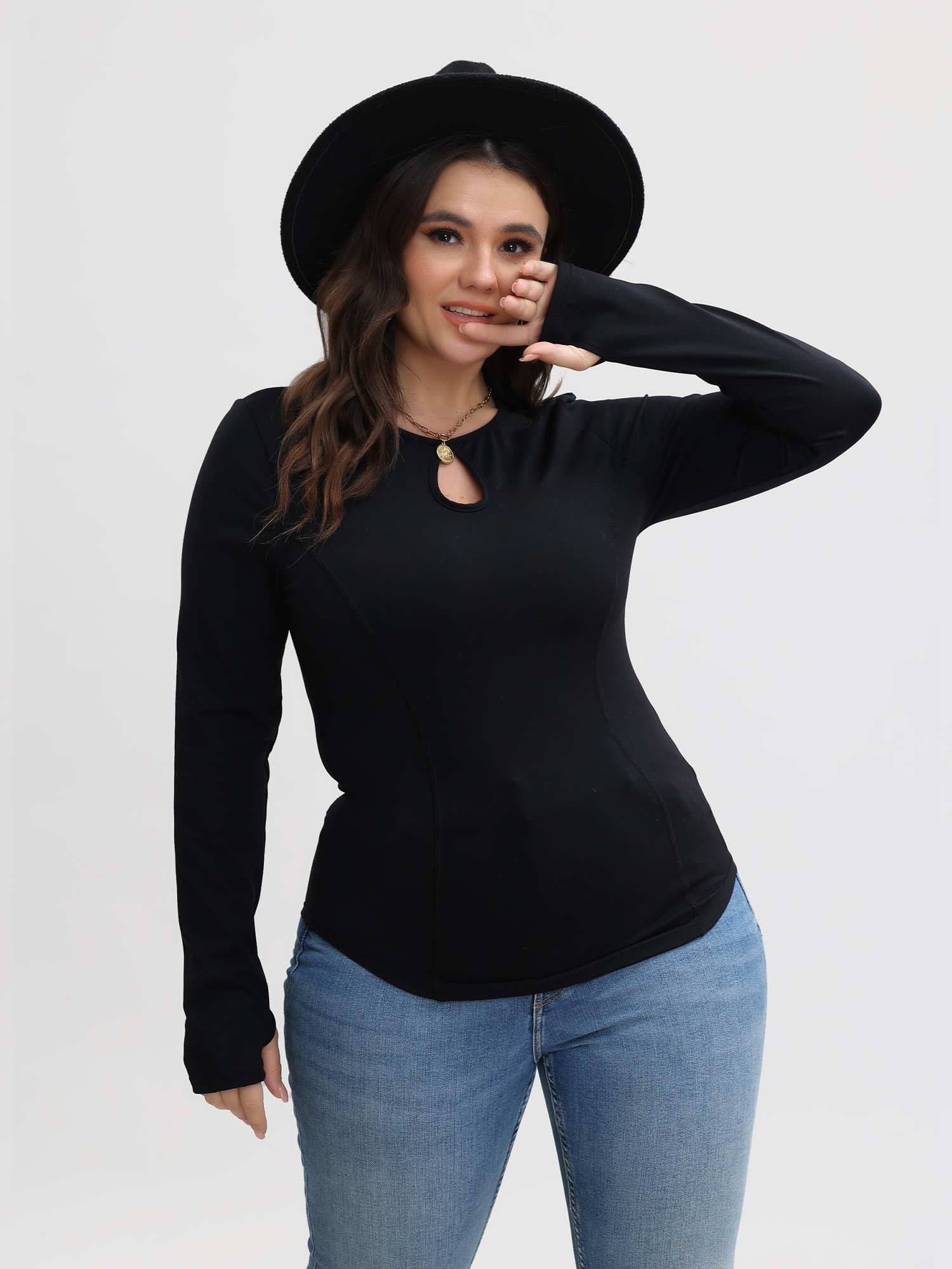 Round Neck Long Sleeves Cutout Top