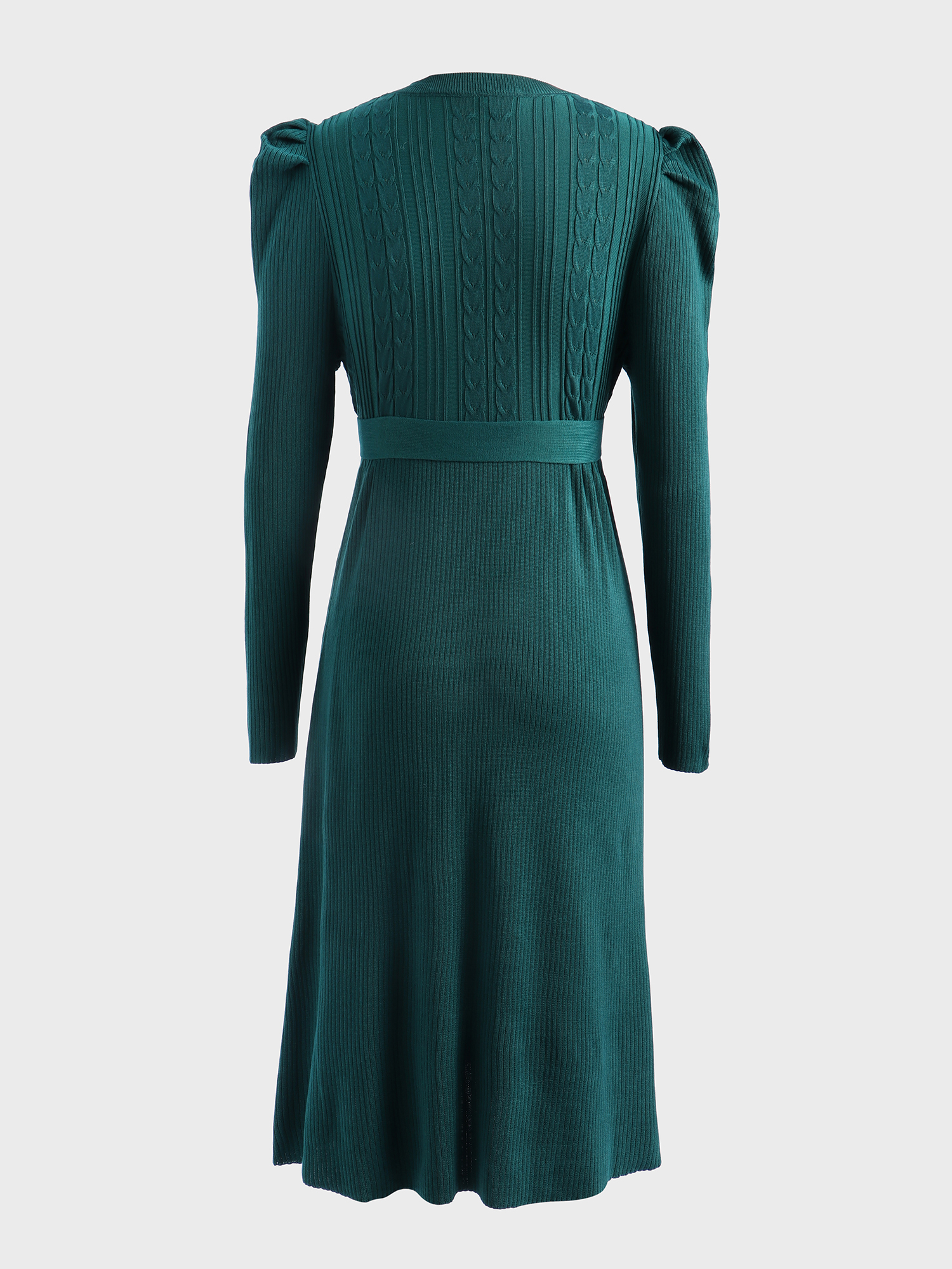 Slim Puff-Sleeve Knitted Midi Dress with Belt
