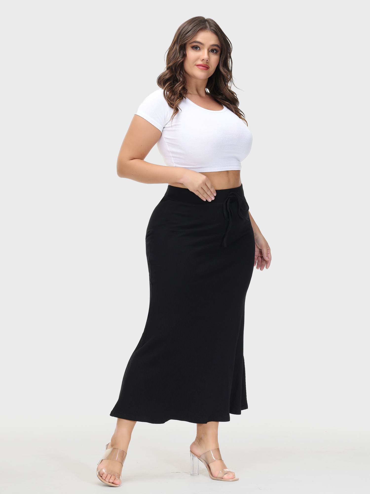 High-Waisted Slit Tied-Waistband Midi Skirt