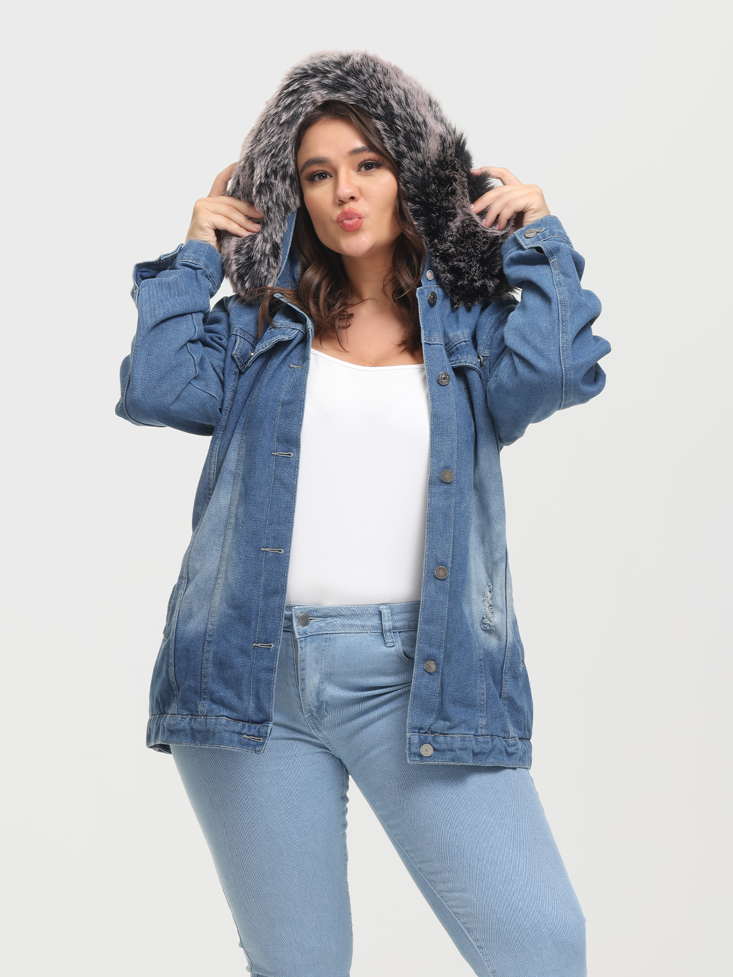 Button Plush Hooded Denim Jacket