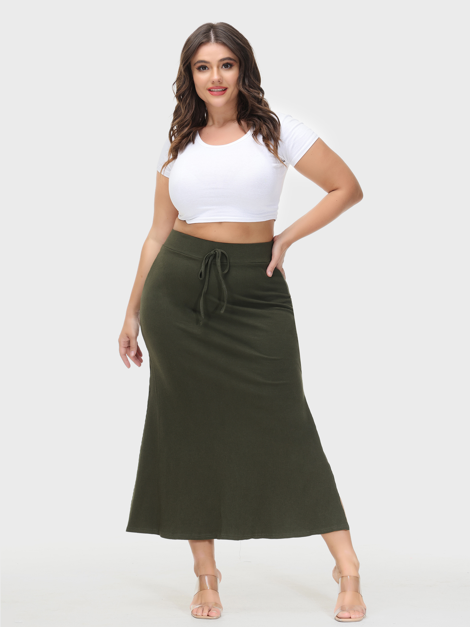 High-Waisted Slit Tied-Waistband Midi Skirt