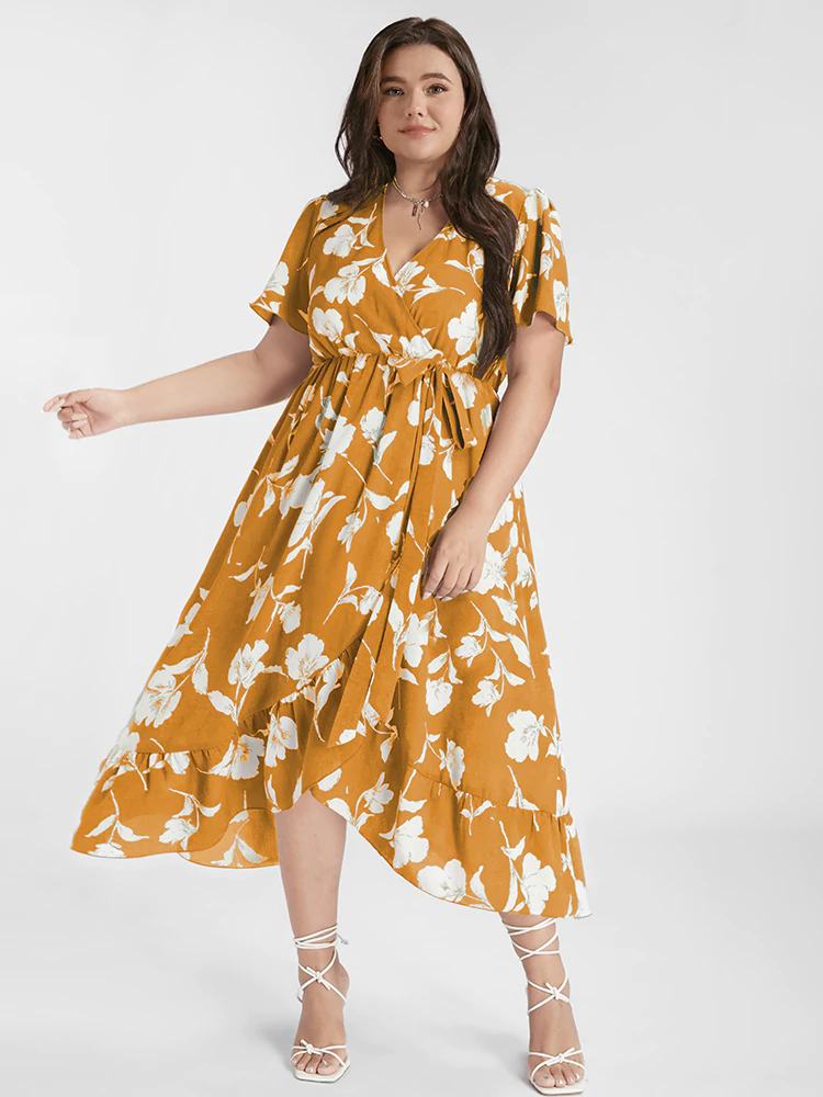 Floral Ruffle Knot Side Wrap Dress(Buy 2 Free Shipping)