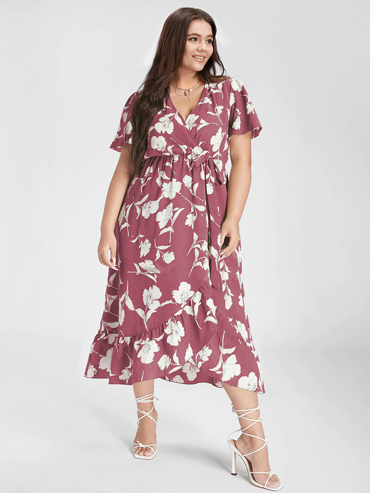 Floral Ruffle Knot Side Wrap Dress(Buy 2 Free Shipping)