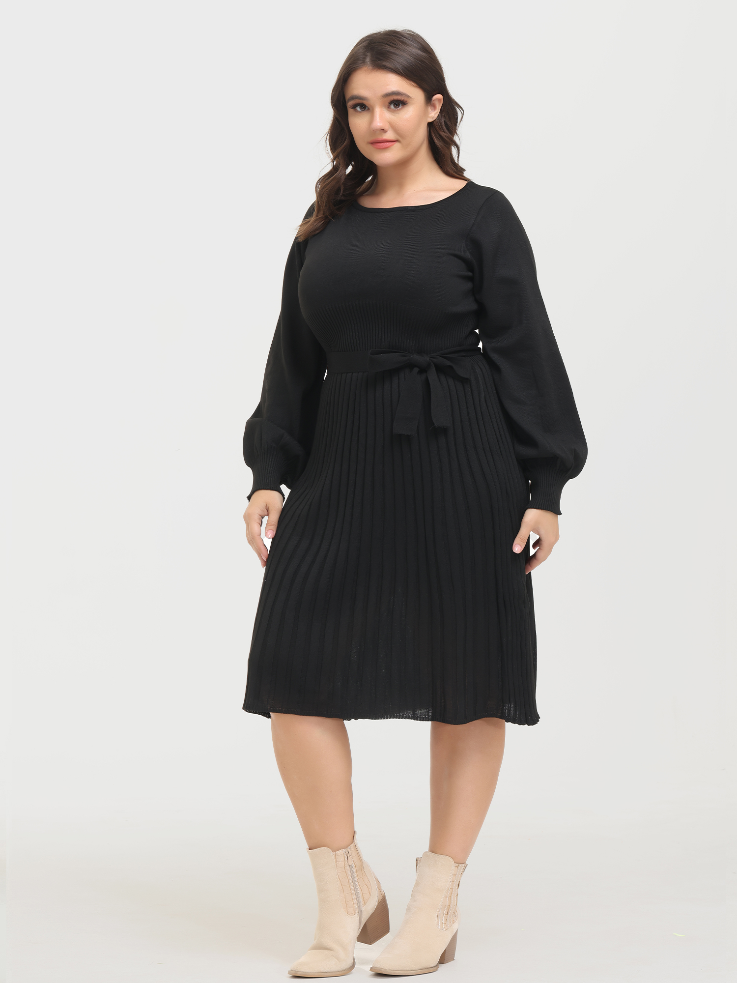 Puff Sleeve Slim Fit Tie-Up Pleated Knit Dress