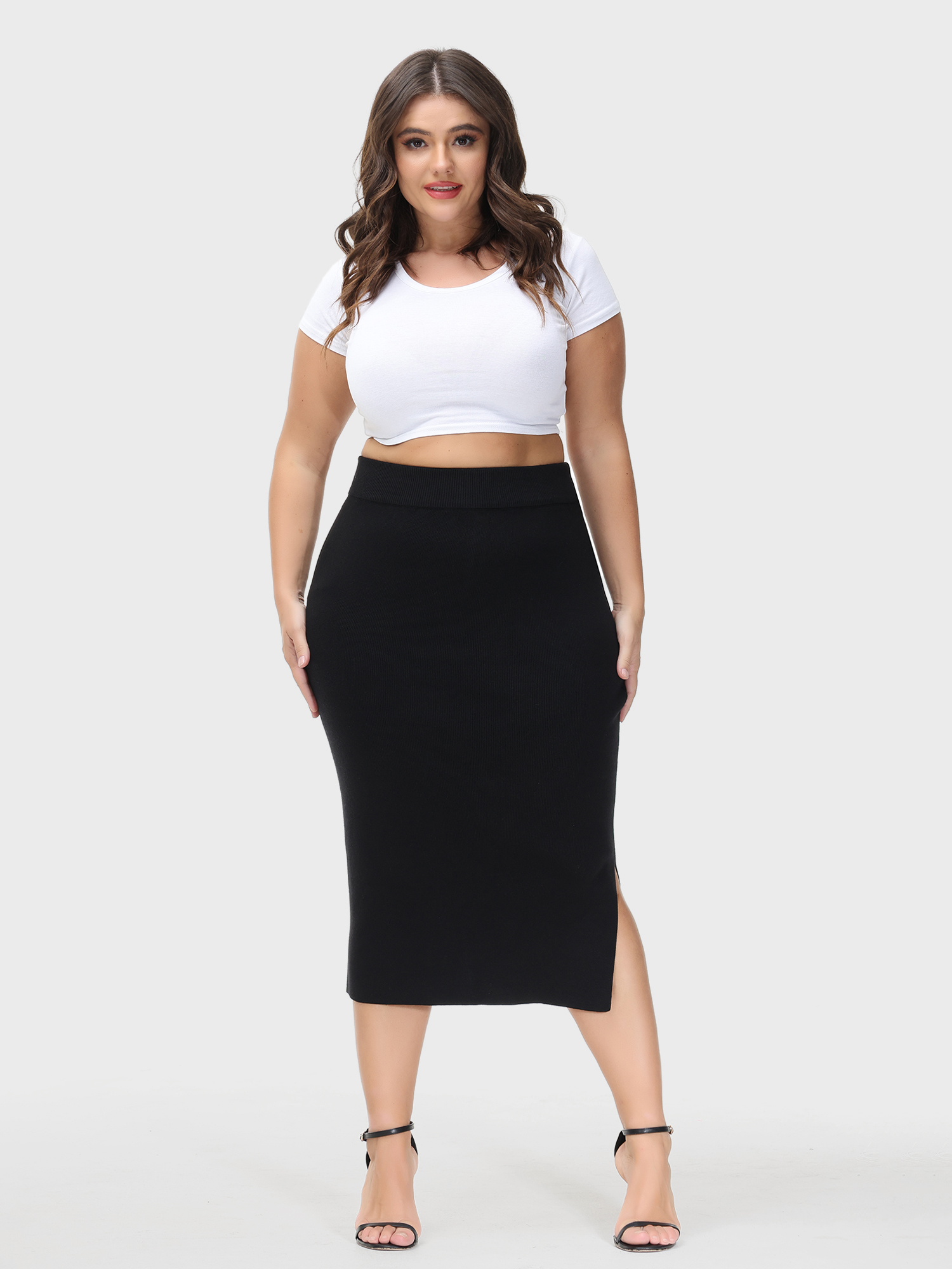 High-Waisted Slit Hip-Wrap Midi Skirt