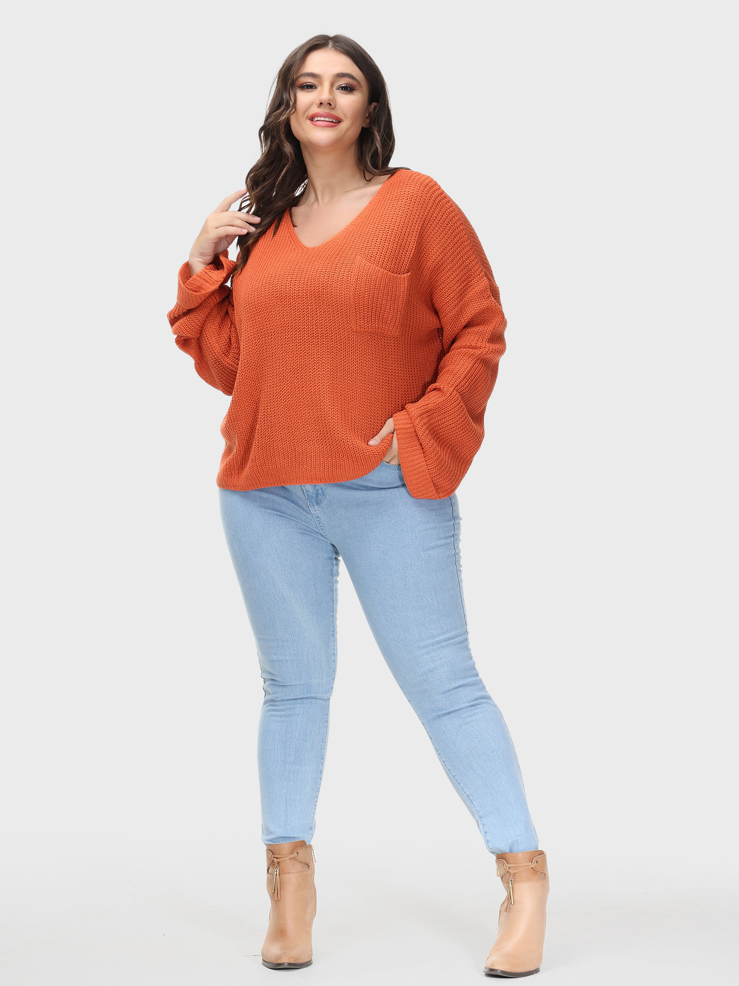 Solid Color Casual V-Neck Sweater