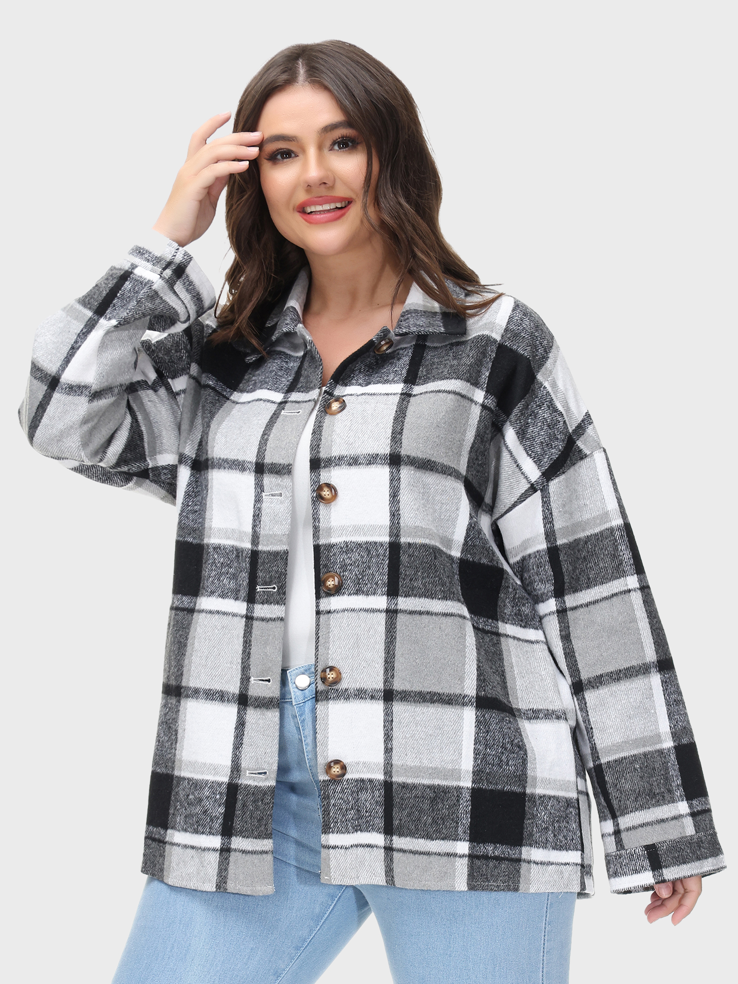 Long Sleeves Loose Lapel Plaid Tweed Shacket