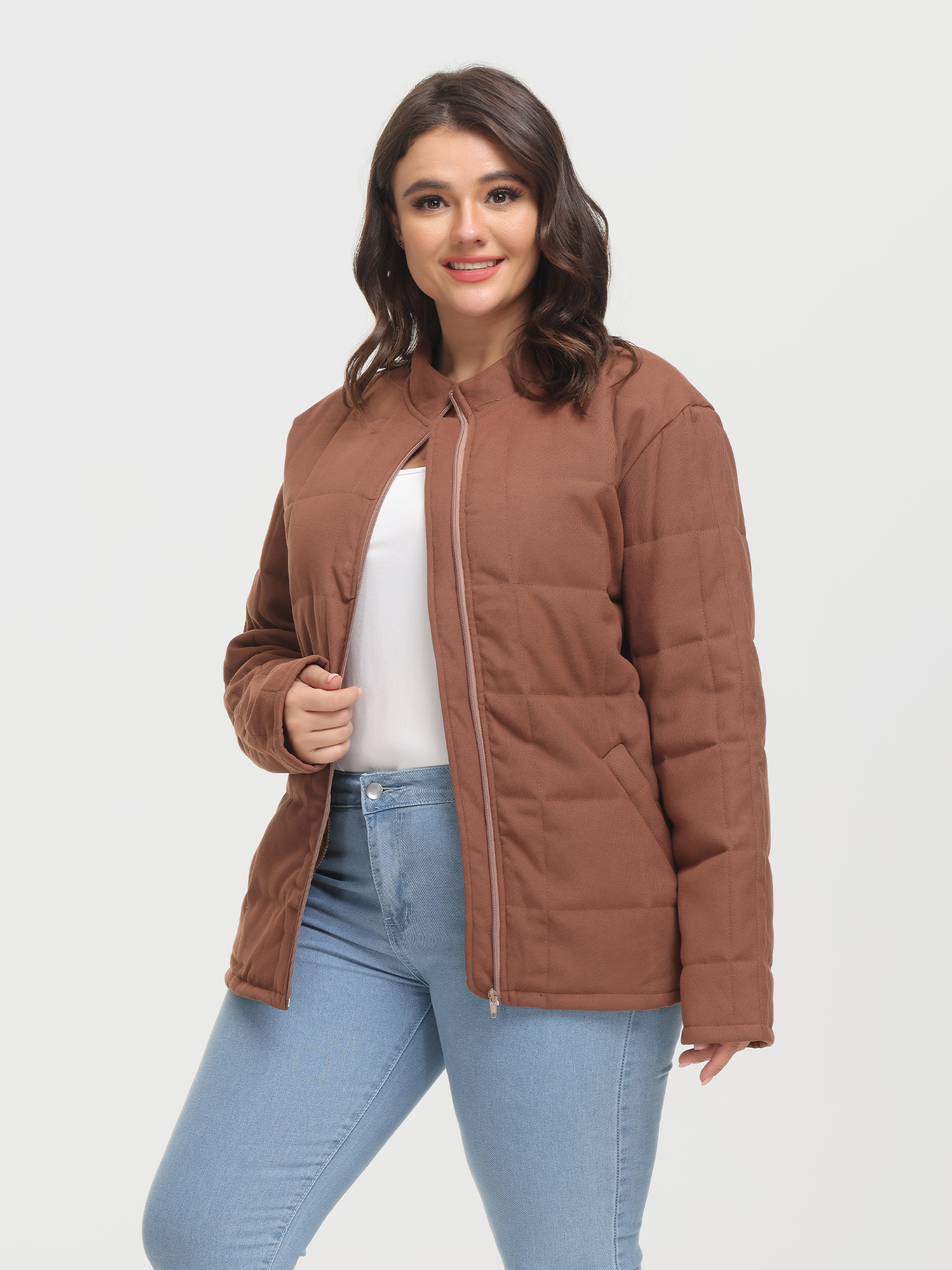 Zip-Up Long Sleeve Quilt Jacket with Pockets