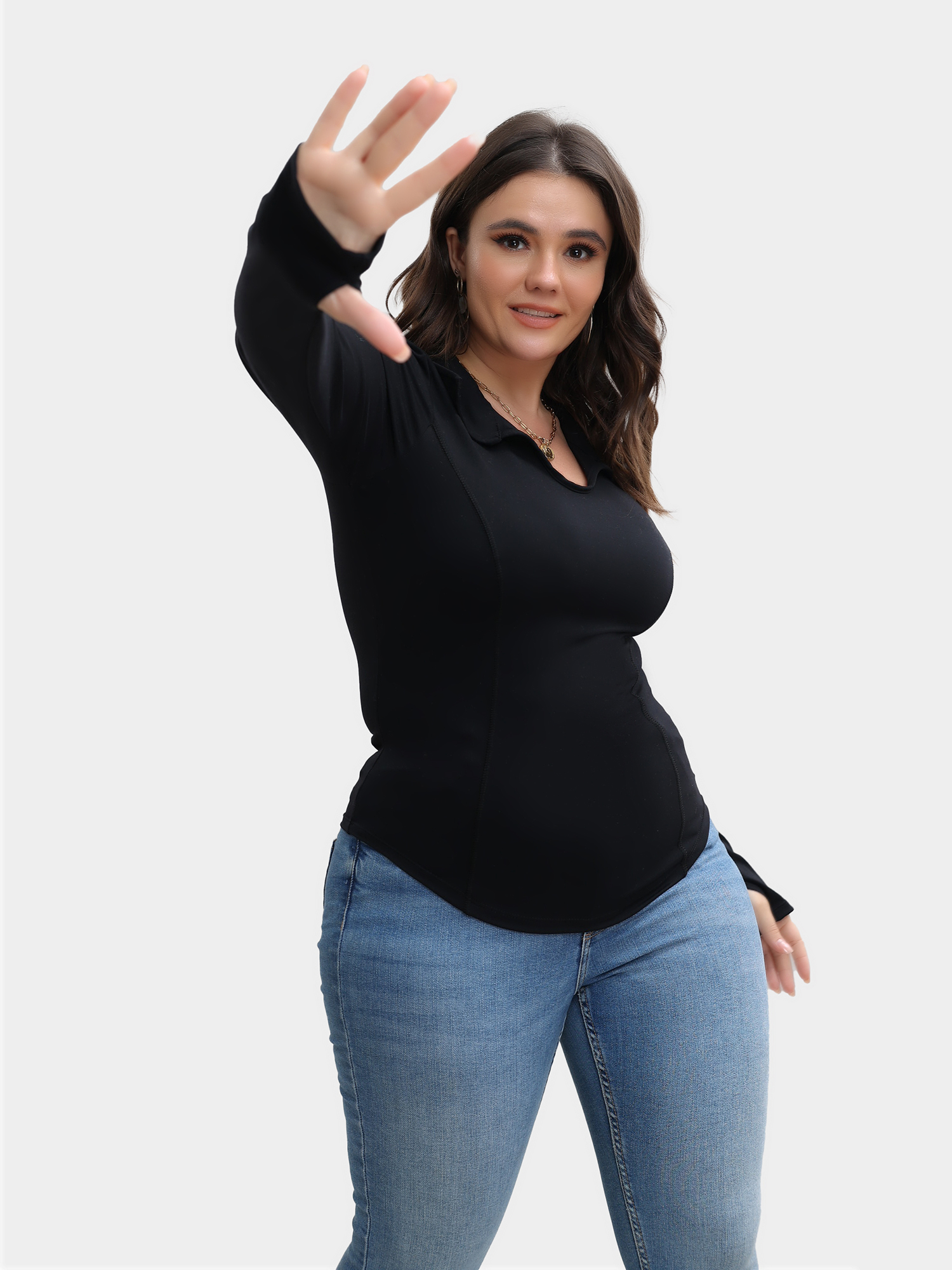 Long Sleeve Curved Hem V-Neck Top