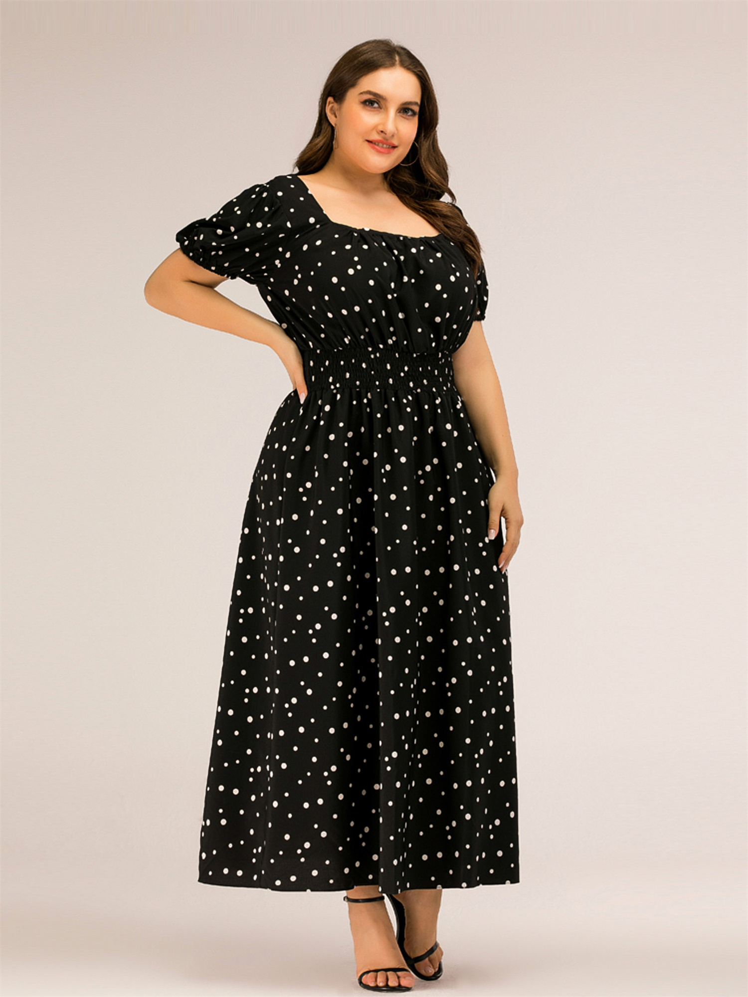 Square Neck Slimming Polka Dots Maxi Dress