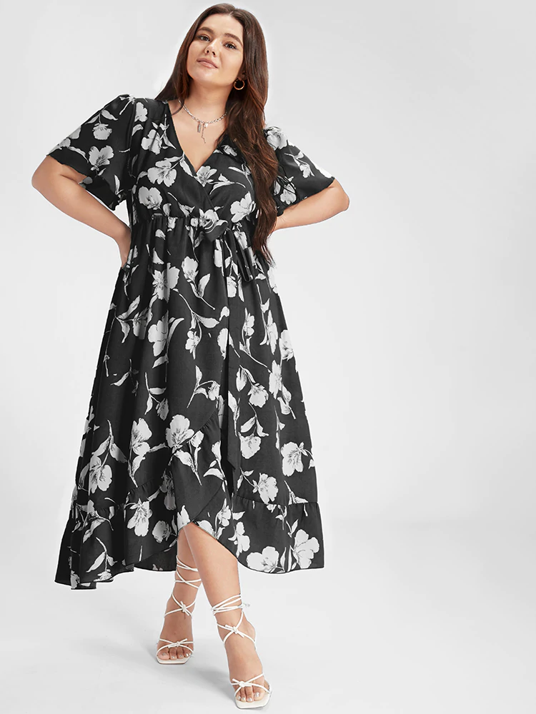 Floral Ruffle Knot Side Wrap Dress(Buy 2 Free Shipping)