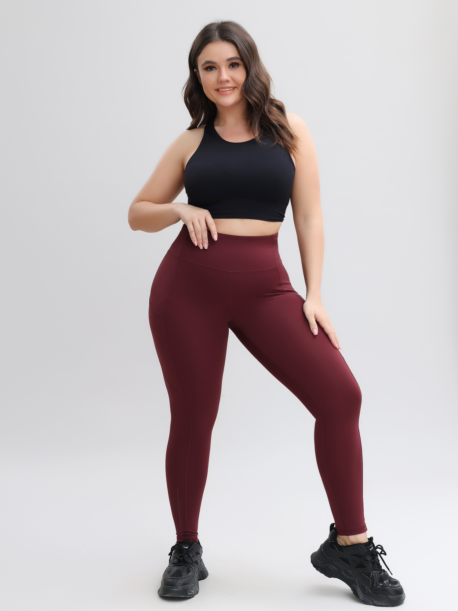 Stretchy High Waist 9/10 Double Fleece Soft Sports Yoga Leggings with Pockets