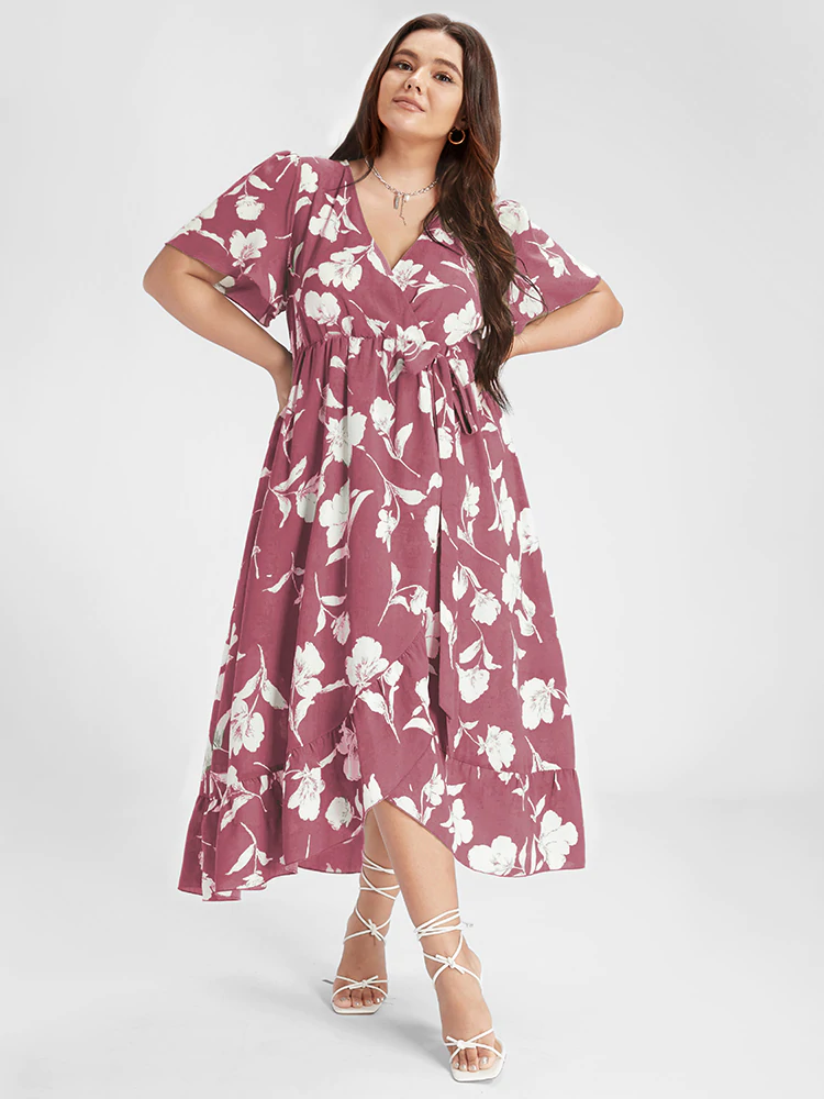 Floral Ruffle Knot Side Wrap Dress(Buy 2 Free Shipping)