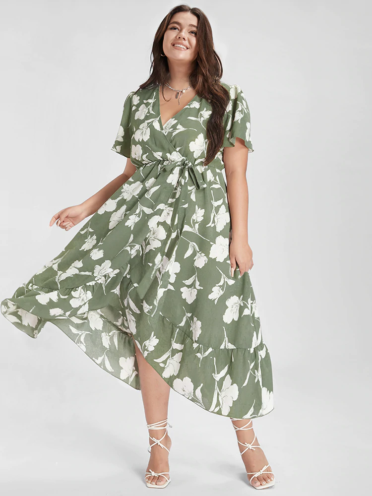 Floral Ruffle Knot Side Wrap Dress(Buy 2 Free Shipping)