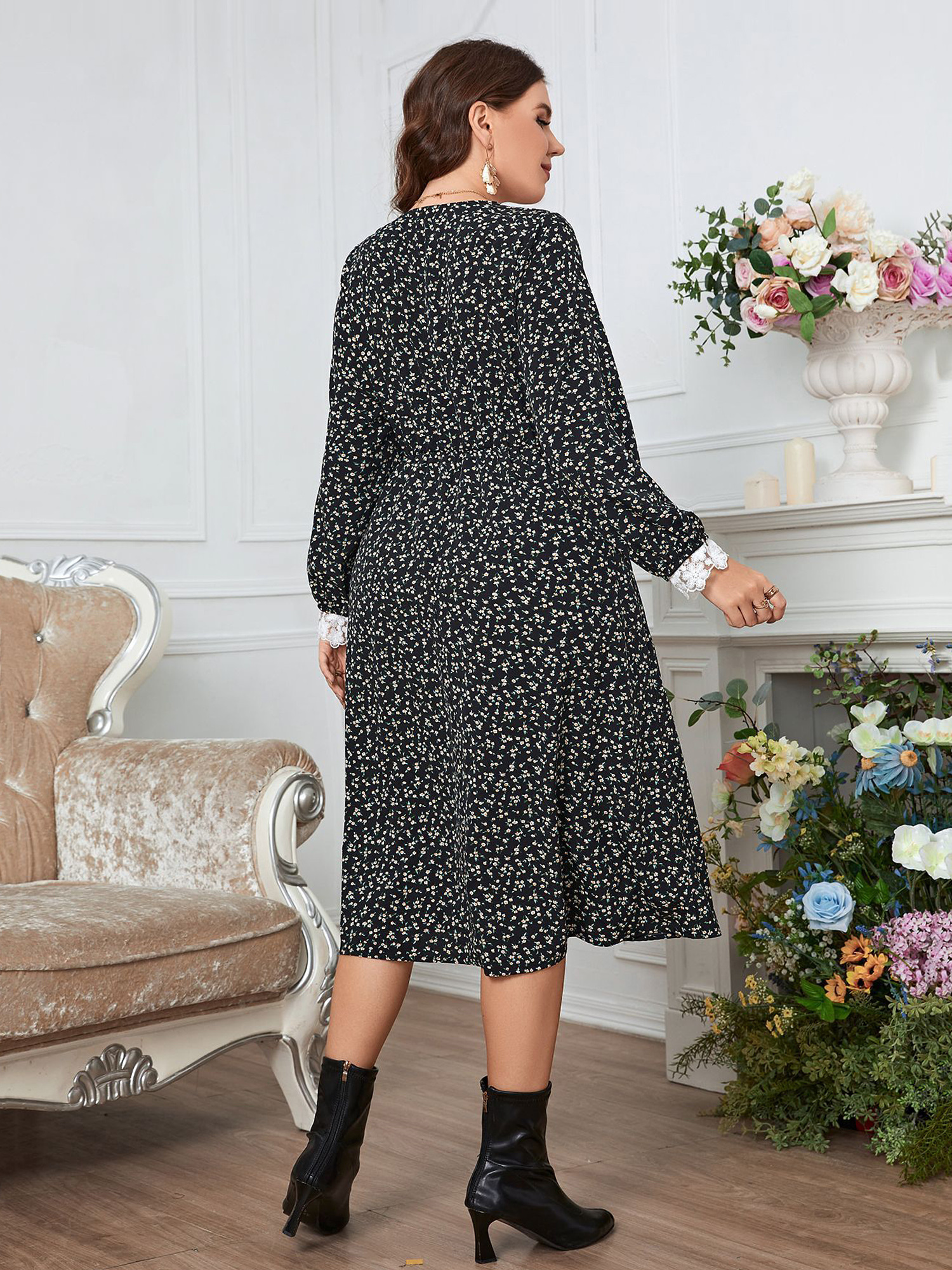 Lacey and Ditsy Flower Midi Dress