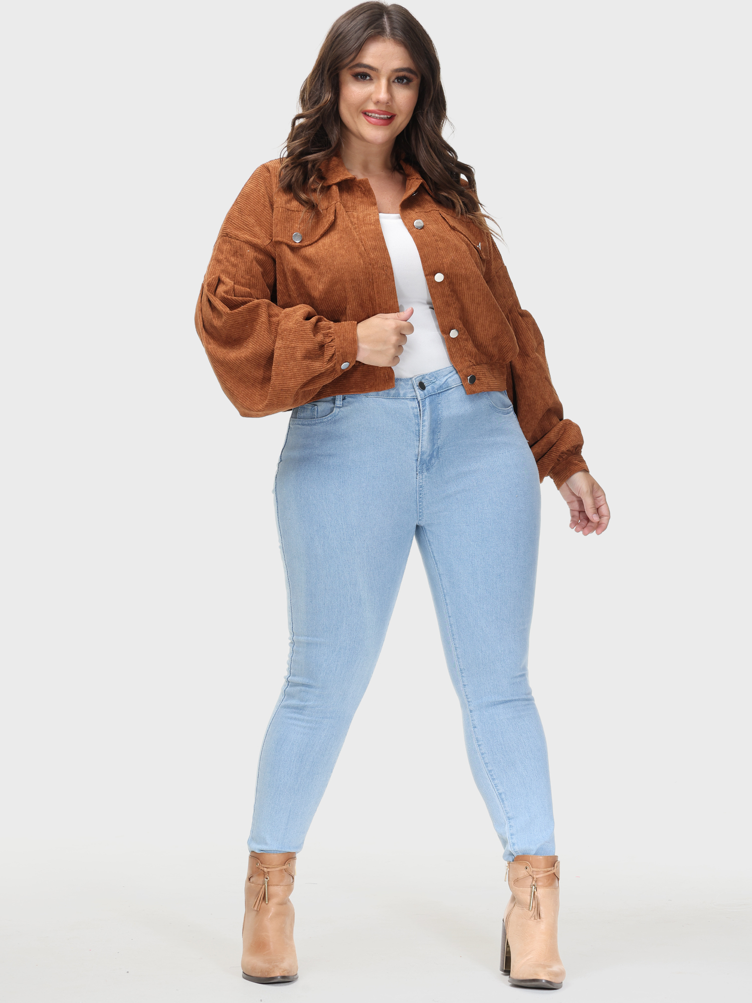 Vintage Corduroy Lapel Lantern Sleeve Short Jacket