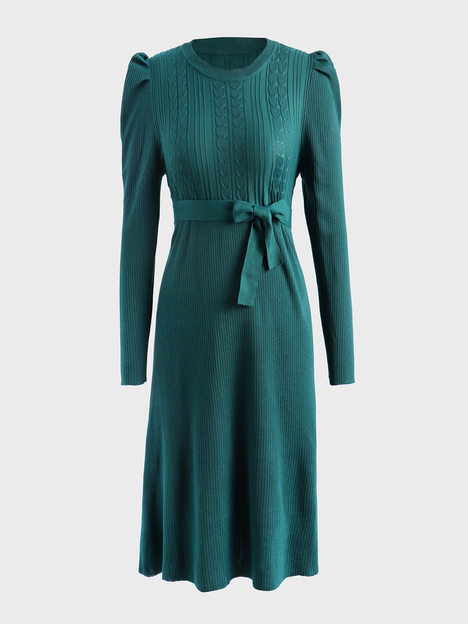 Slim Puff-Sleeve Knitted Midi Dress with Belt