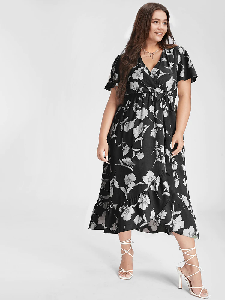 Floral Ruffle Knot Side Wrap Dress(Buy 2 Free Shipping)