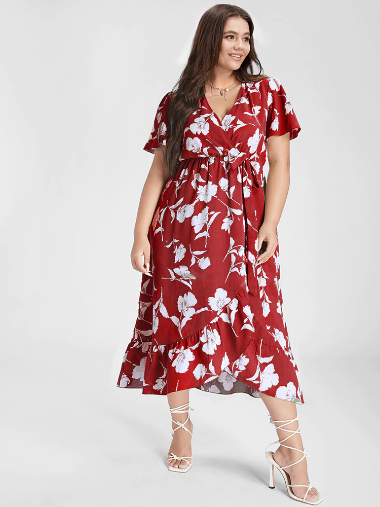 Floral Ruffle Knot Side Wrap Dress(Buy 2 Free Shipping)