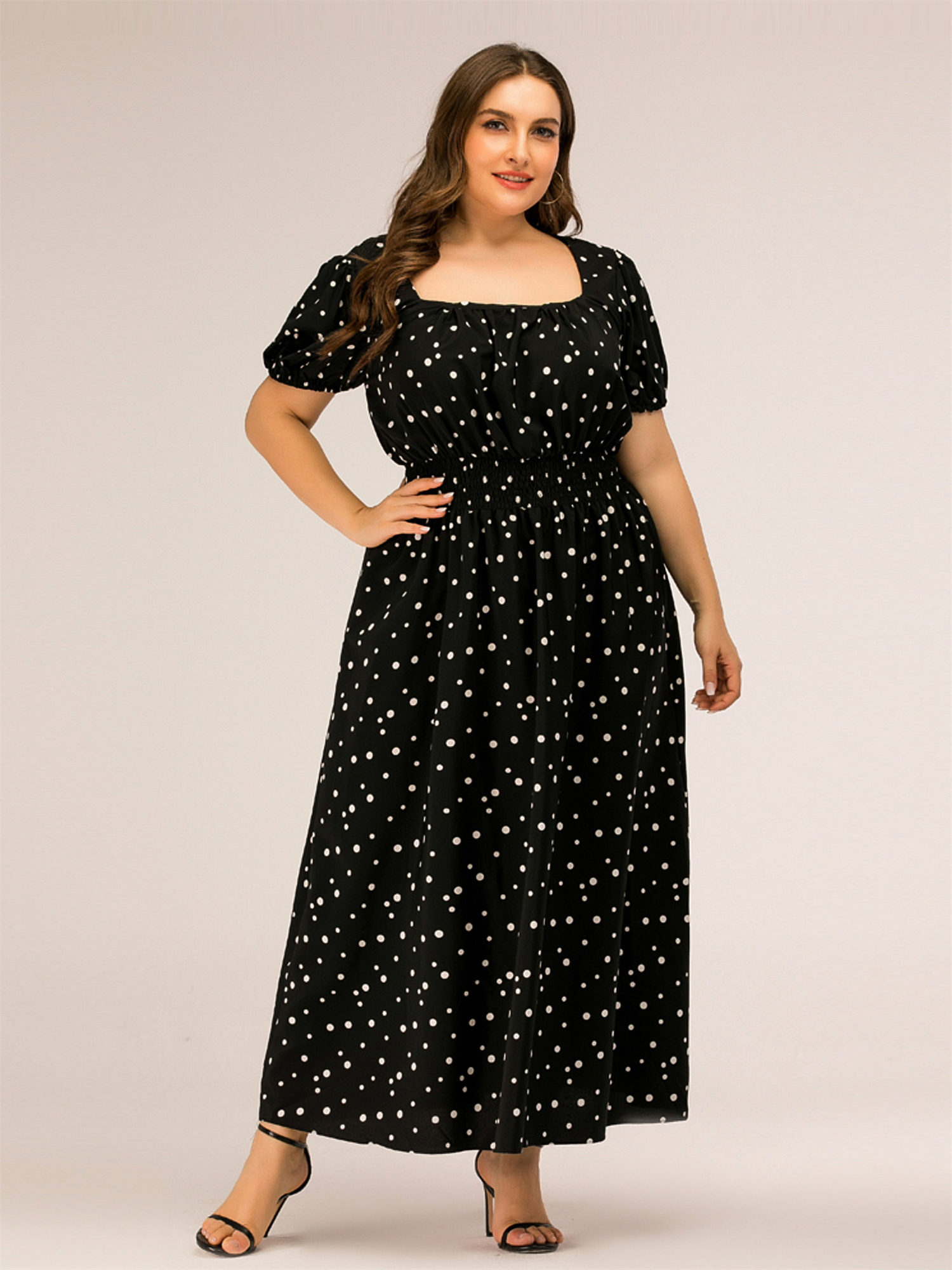 Square Neck Slimming Polka Dots Maxi Dress
