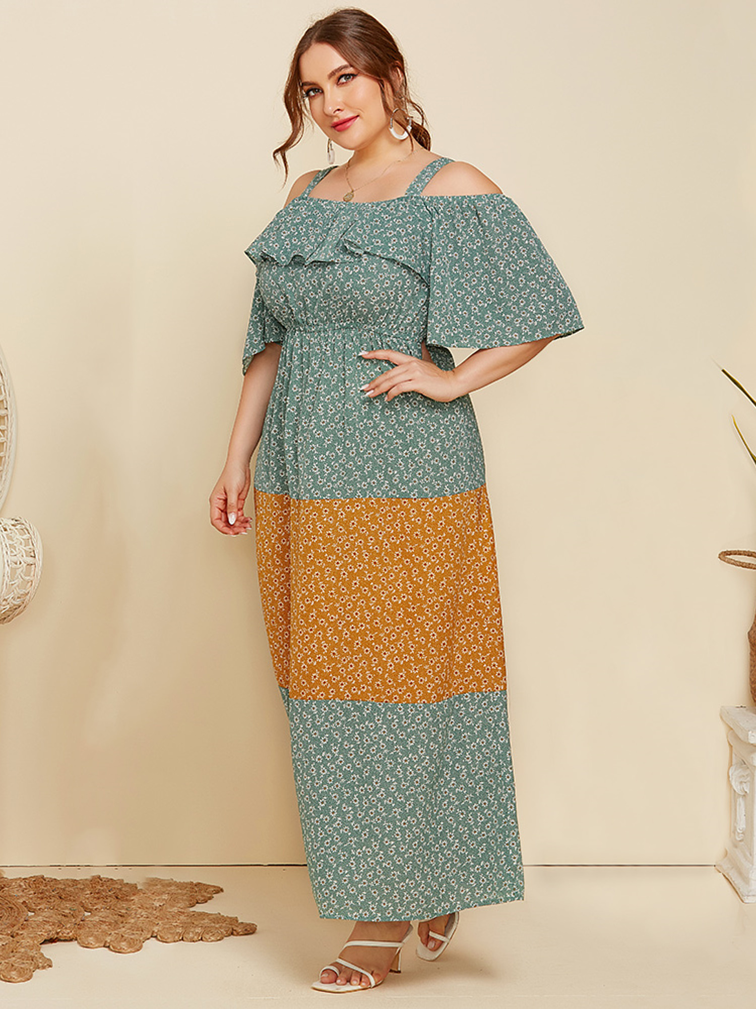 Ruffle Color-Block loose Floral Camisole Dress