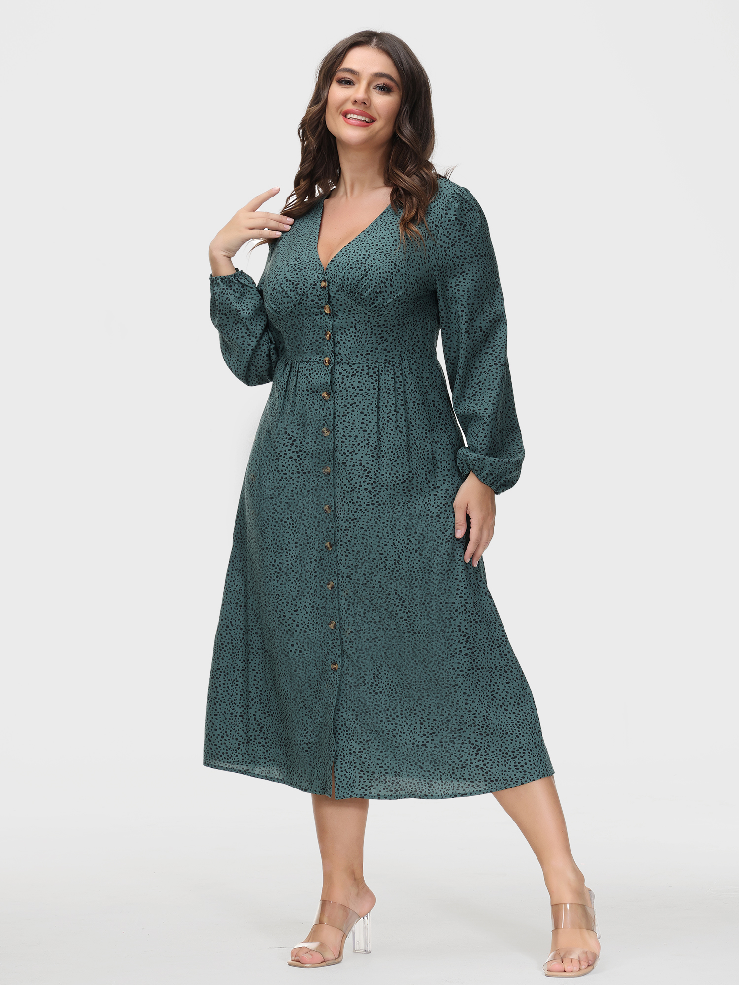 Leopard Printed V-Neck Fitted Button Down Dress