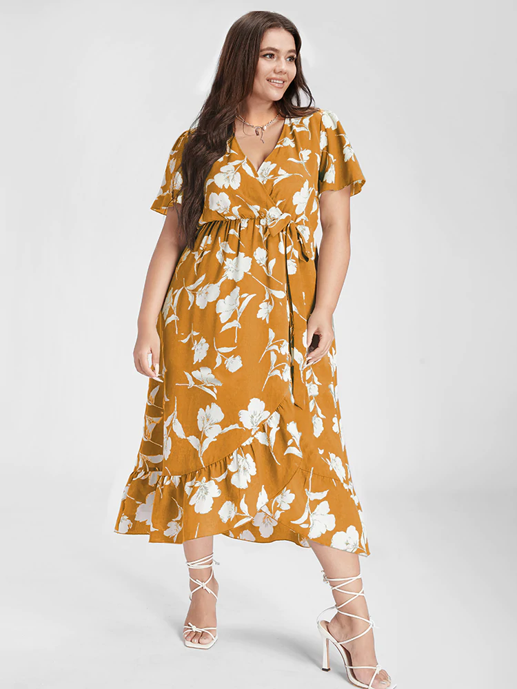 Floral Ruffle Knot Side Wrap Dress(Buy 2 Free Shipping)