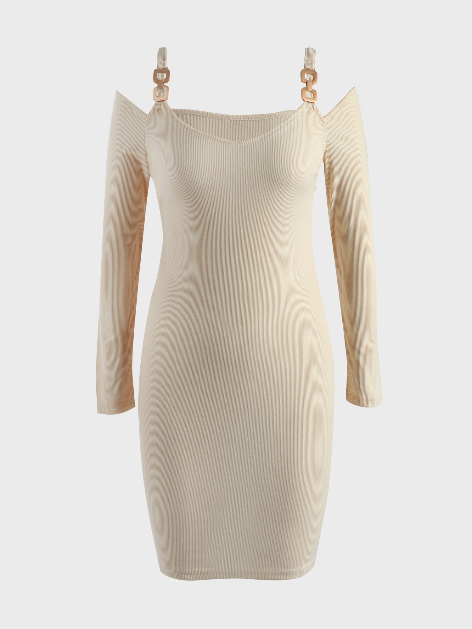 Deep-V Ribbed Knitted Long Sleeve Dress