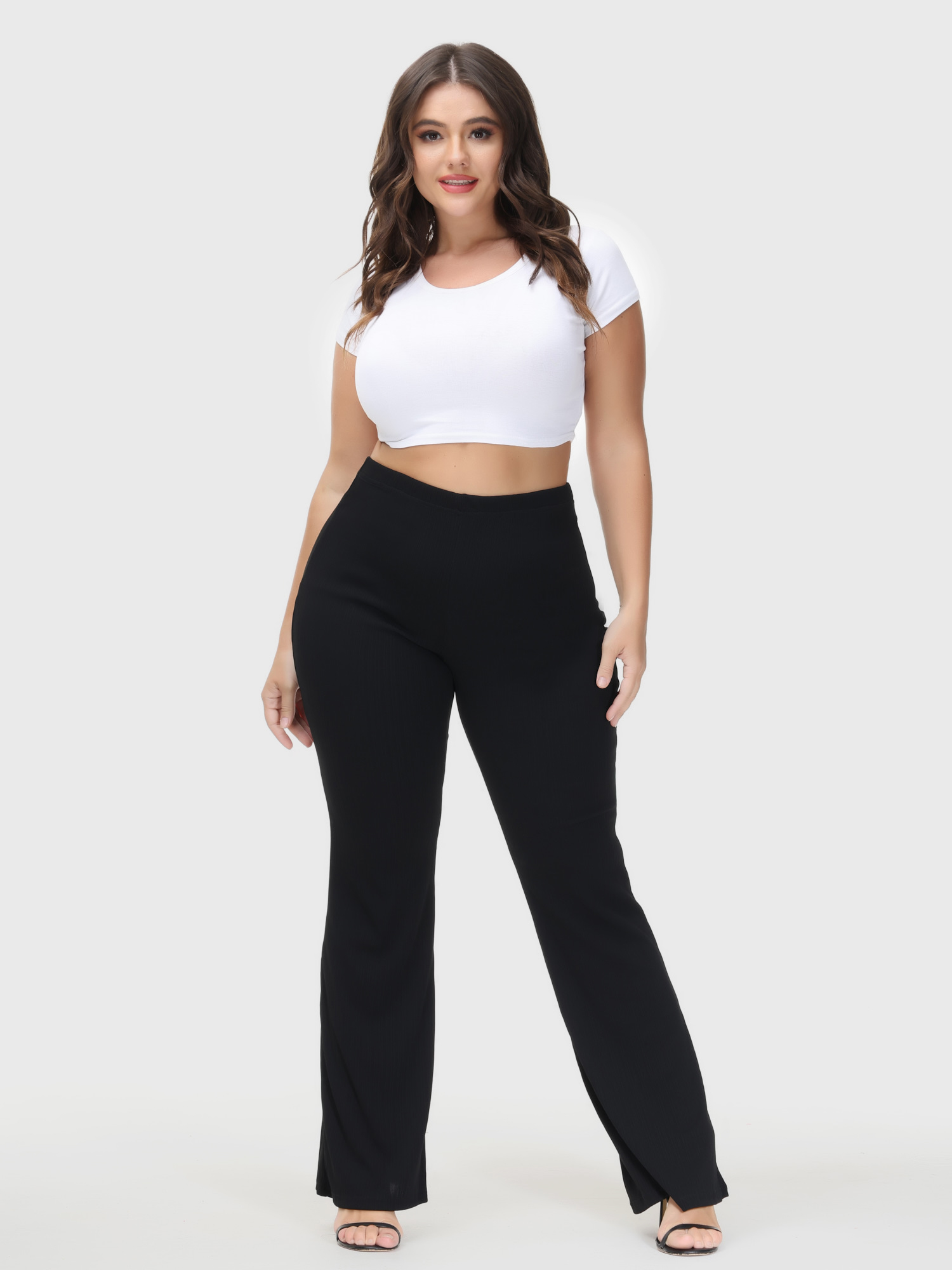 Casual High Waist Drop Flared Ribbed Pants