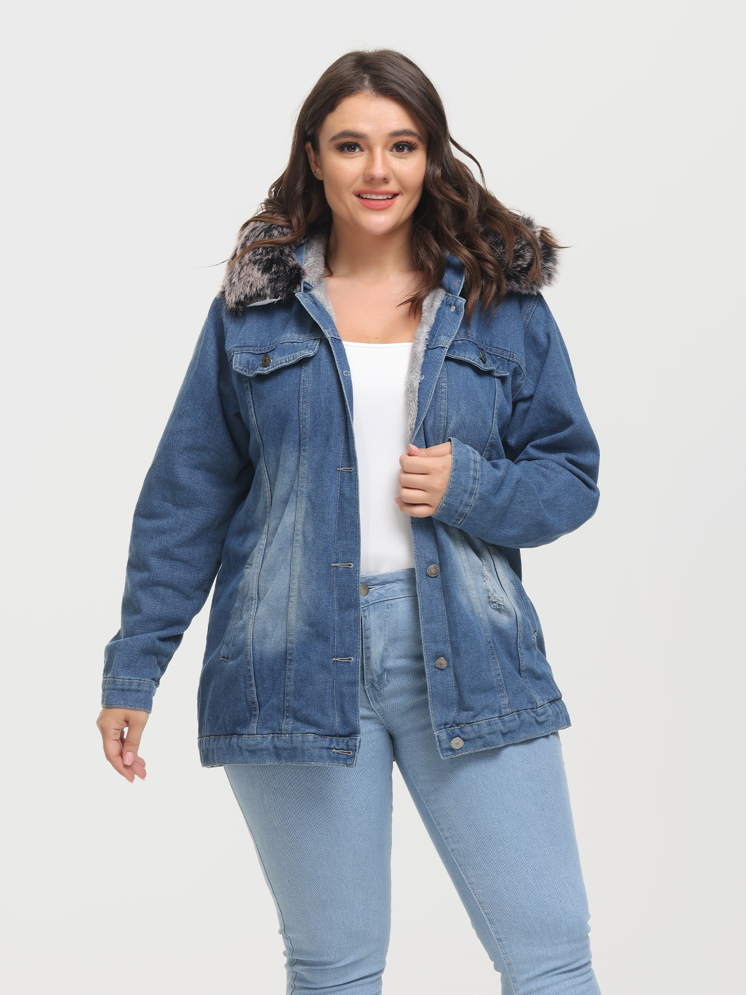 Button Plush Hooded Denim Jacket