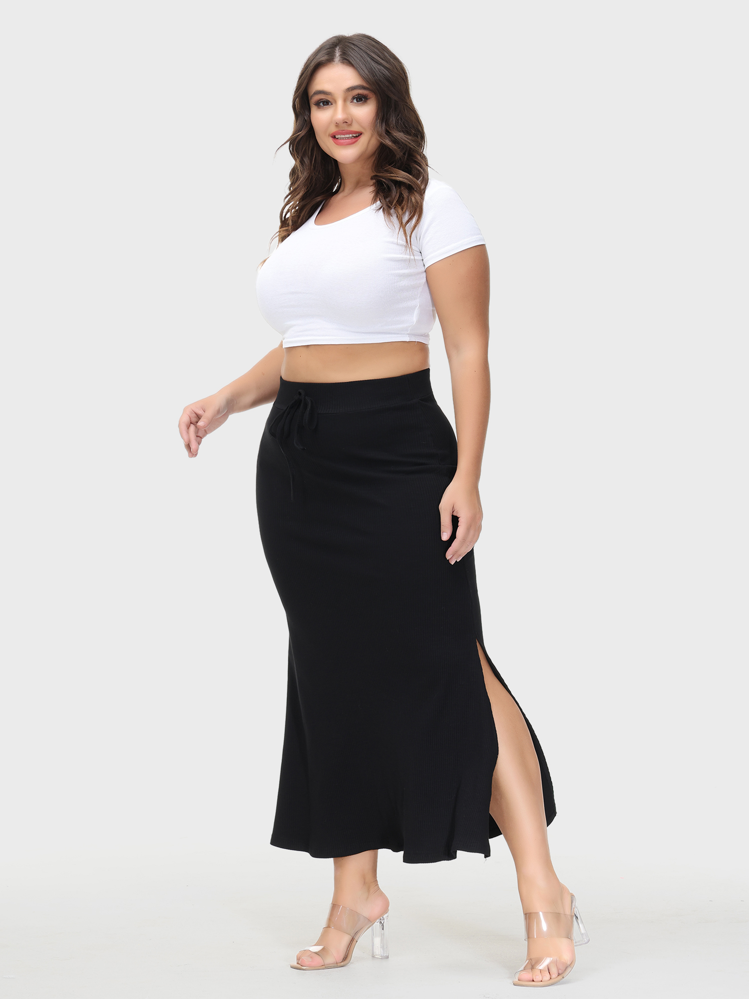 High-Waisted Slit Tied-Waistband Midi Skirt